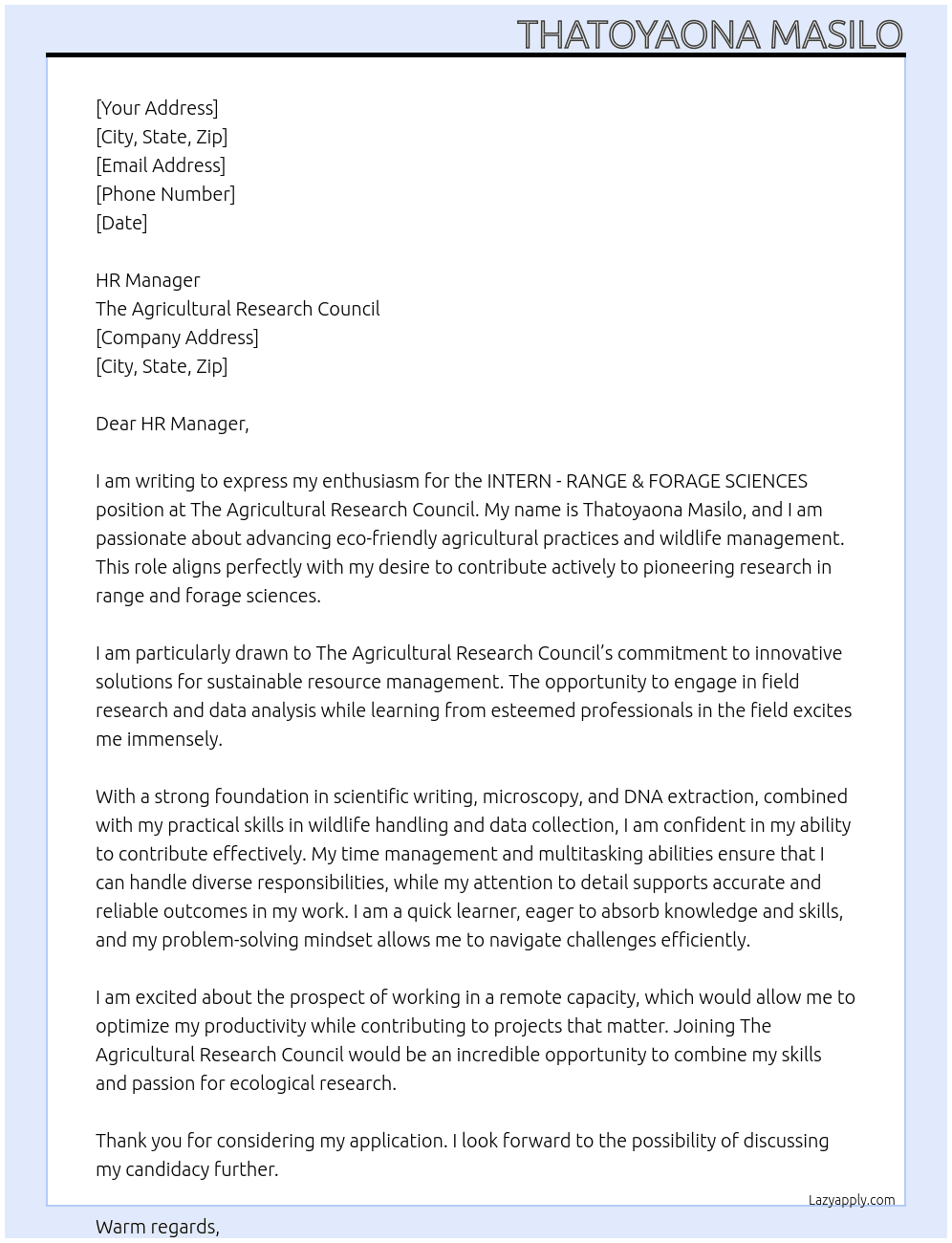 INTERN - RANGE & FORAGE SCIENCES At The Agricultural Research Counsil Cover Letter