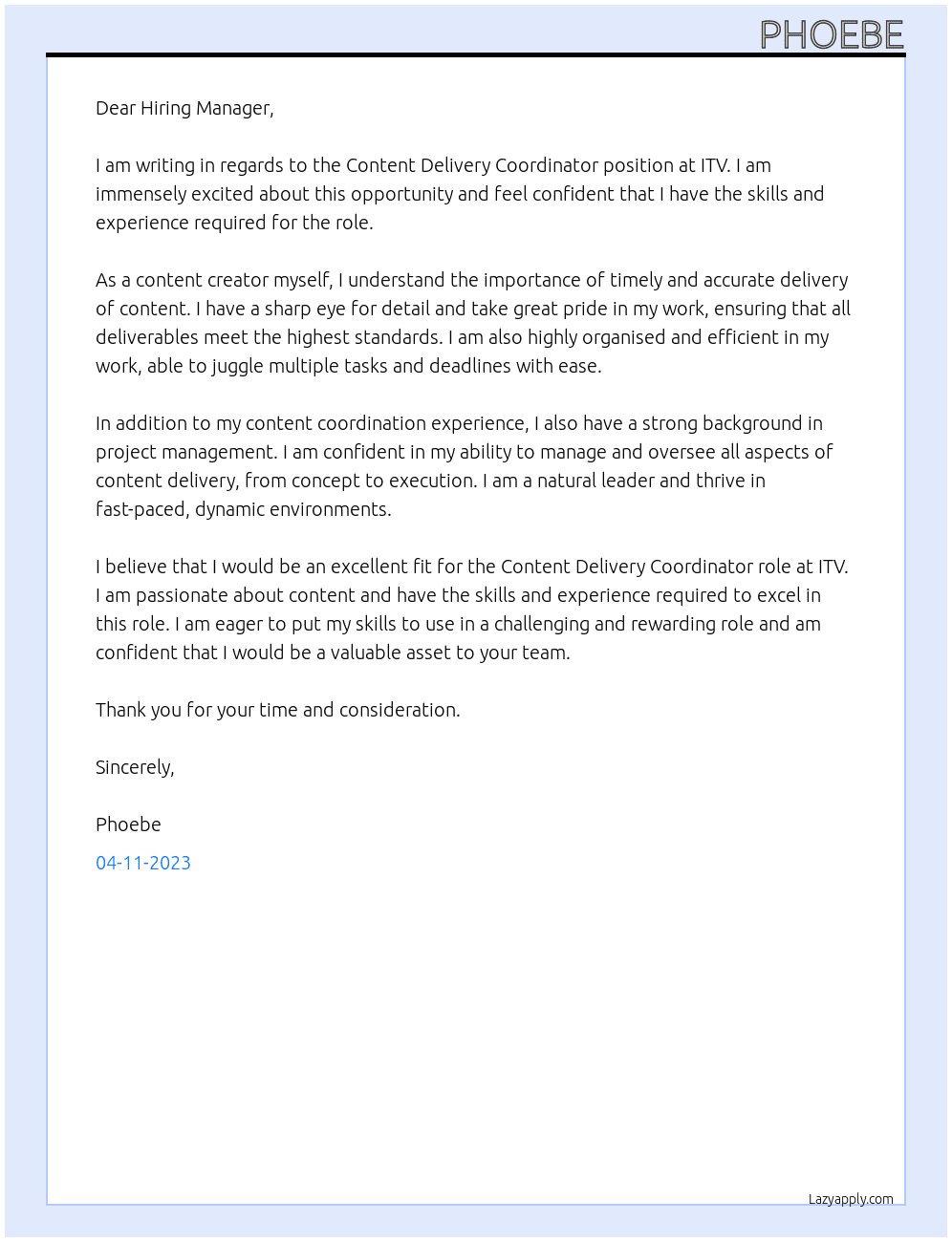 Content Delivery Coordinator At ITV Cover Letter