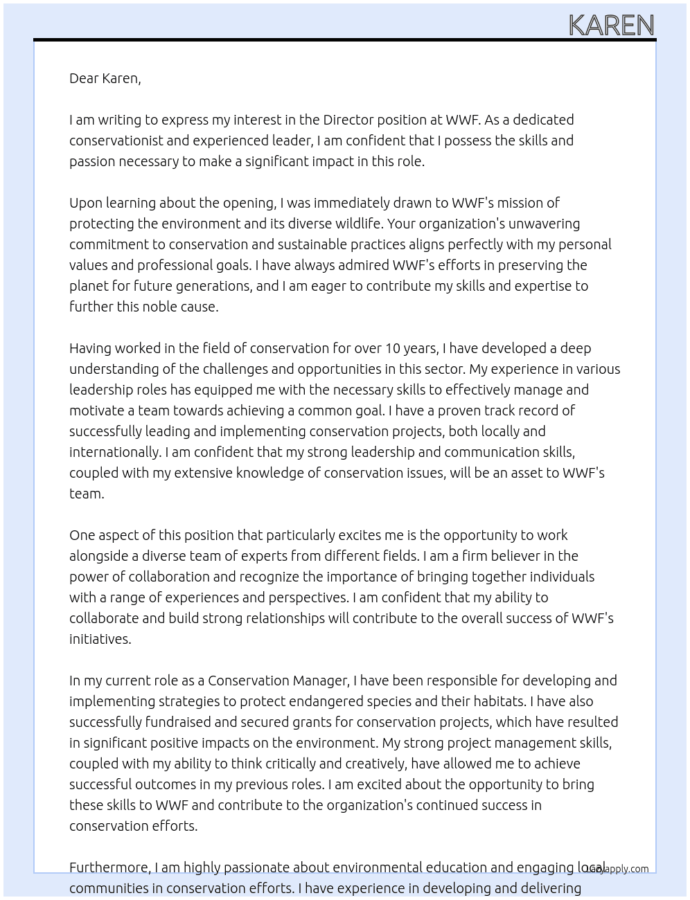 Director At WWF Cover Letter