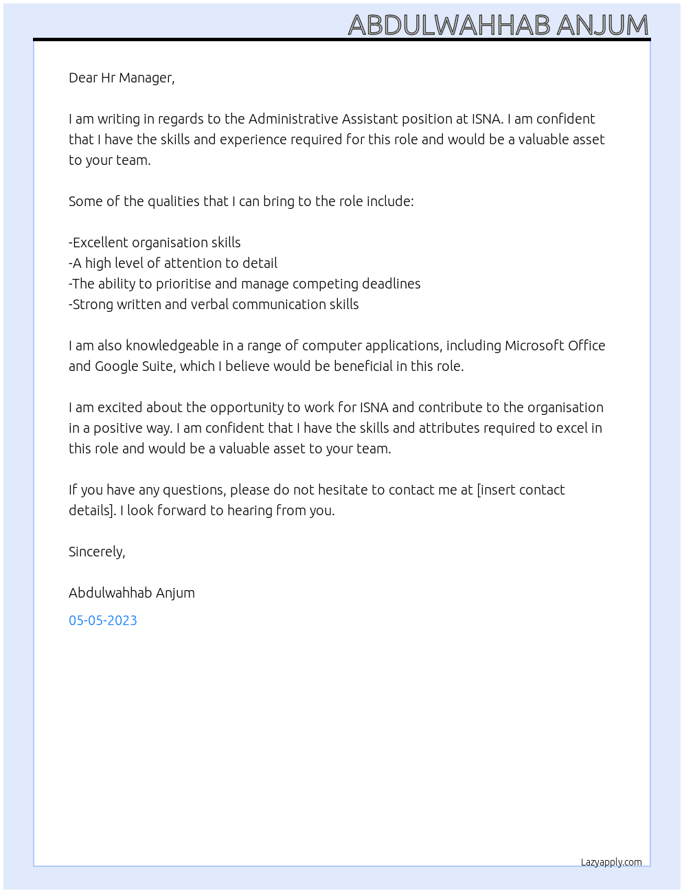 Adminstrative Assistance At ISNA Cover Letter