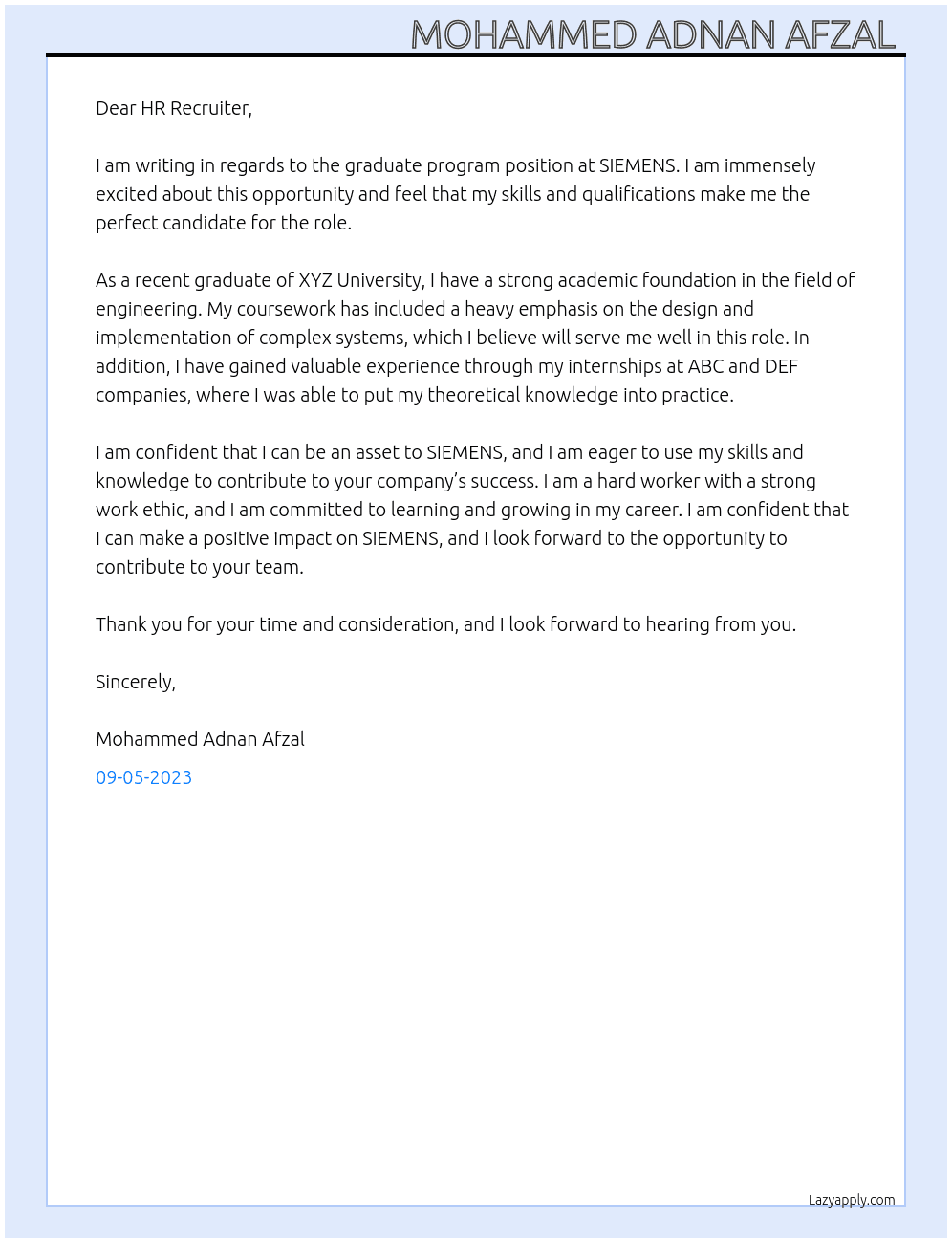 Graduate Program  At SIEMENS Cover Letter
