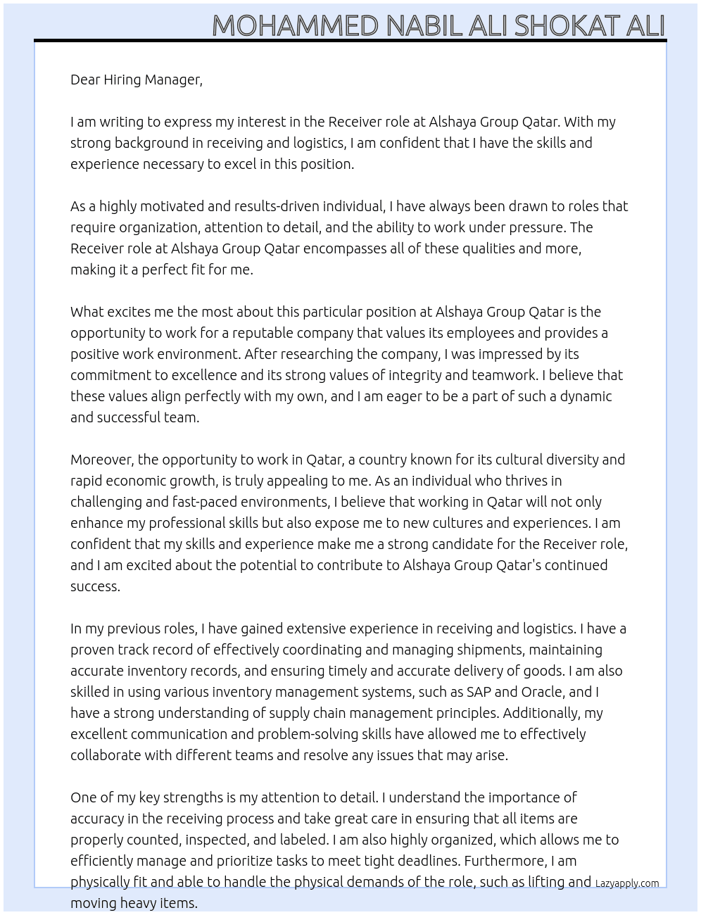 Receiver At Alshaya Group Qatar Cover Letter