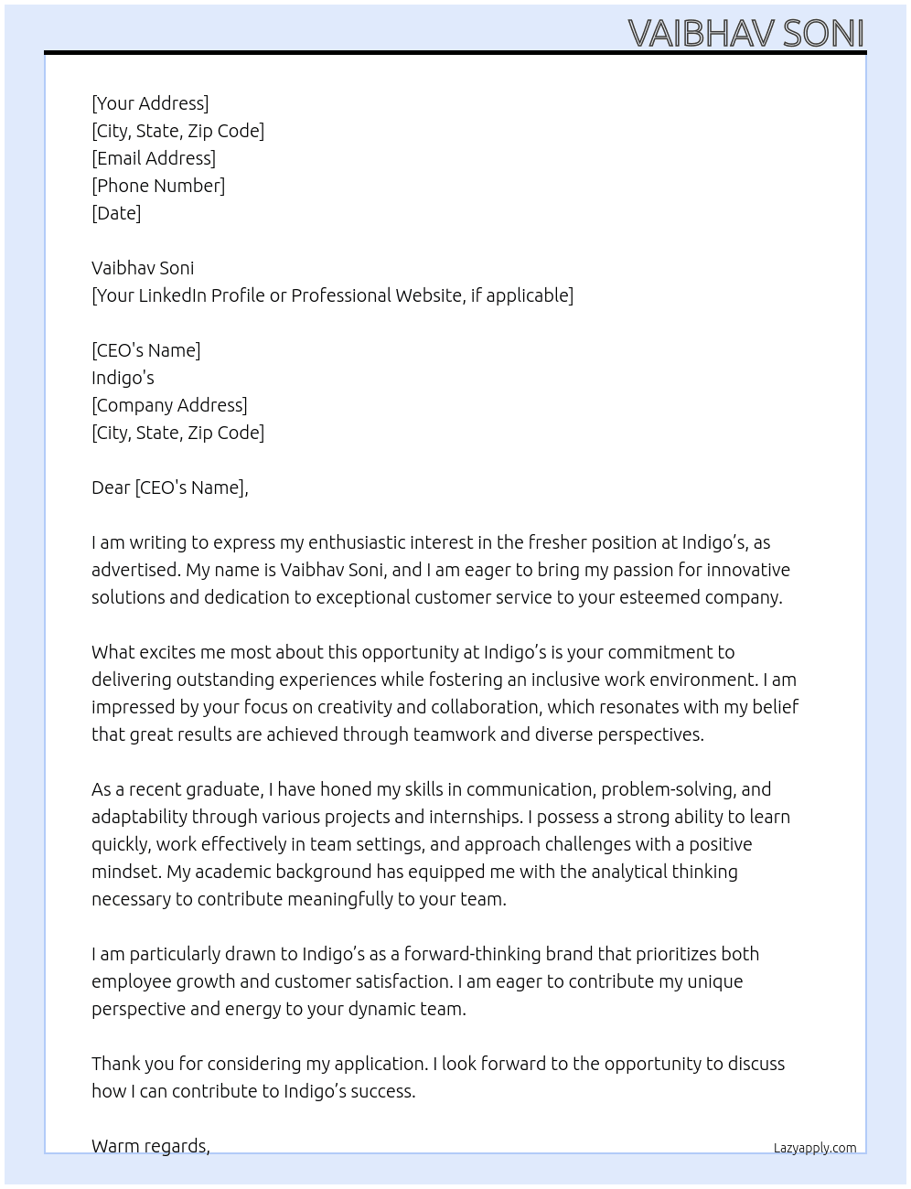Fresher  At Indigo’s  Cover Letter
