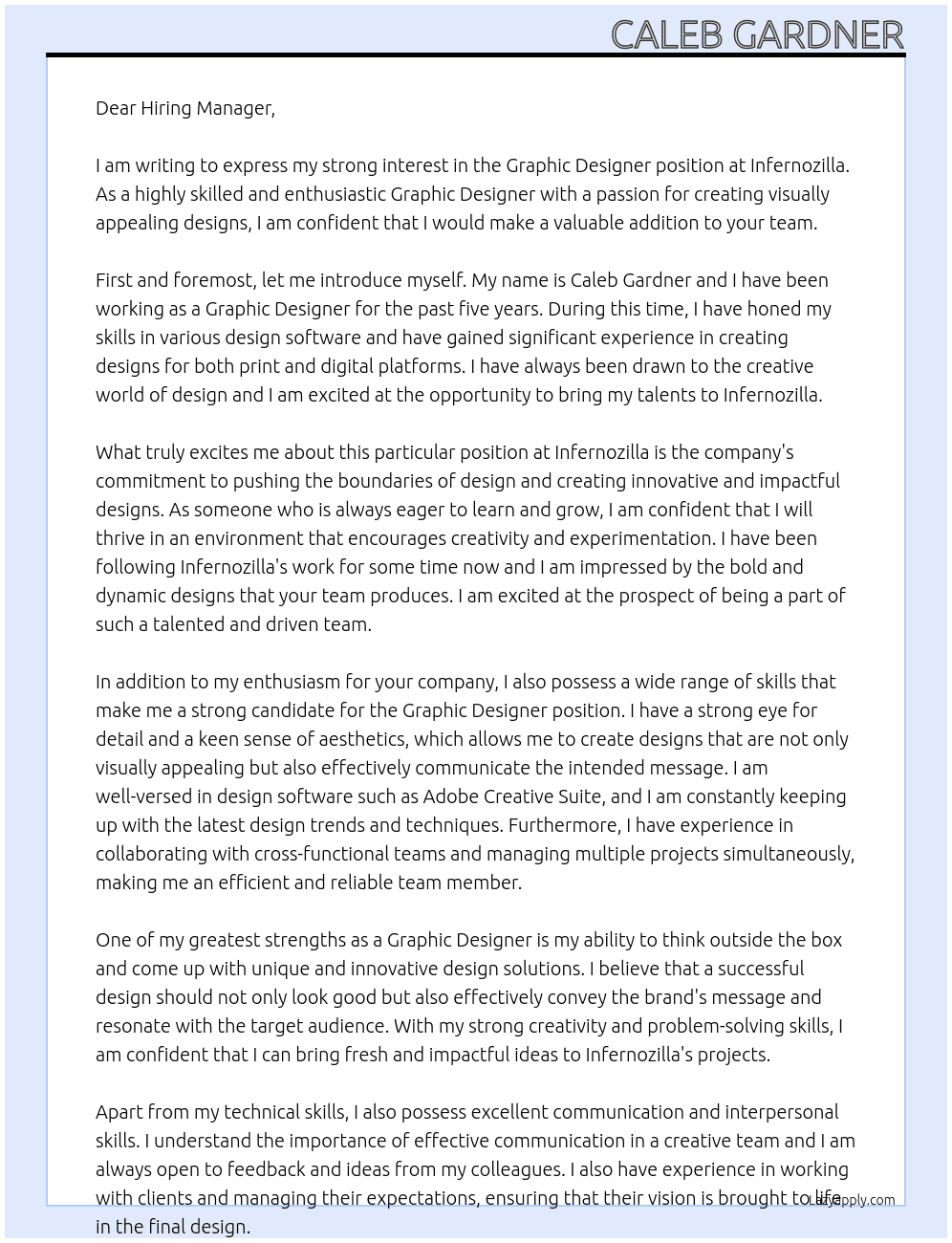 Graphic Designer At Infernozilla Cover Letter