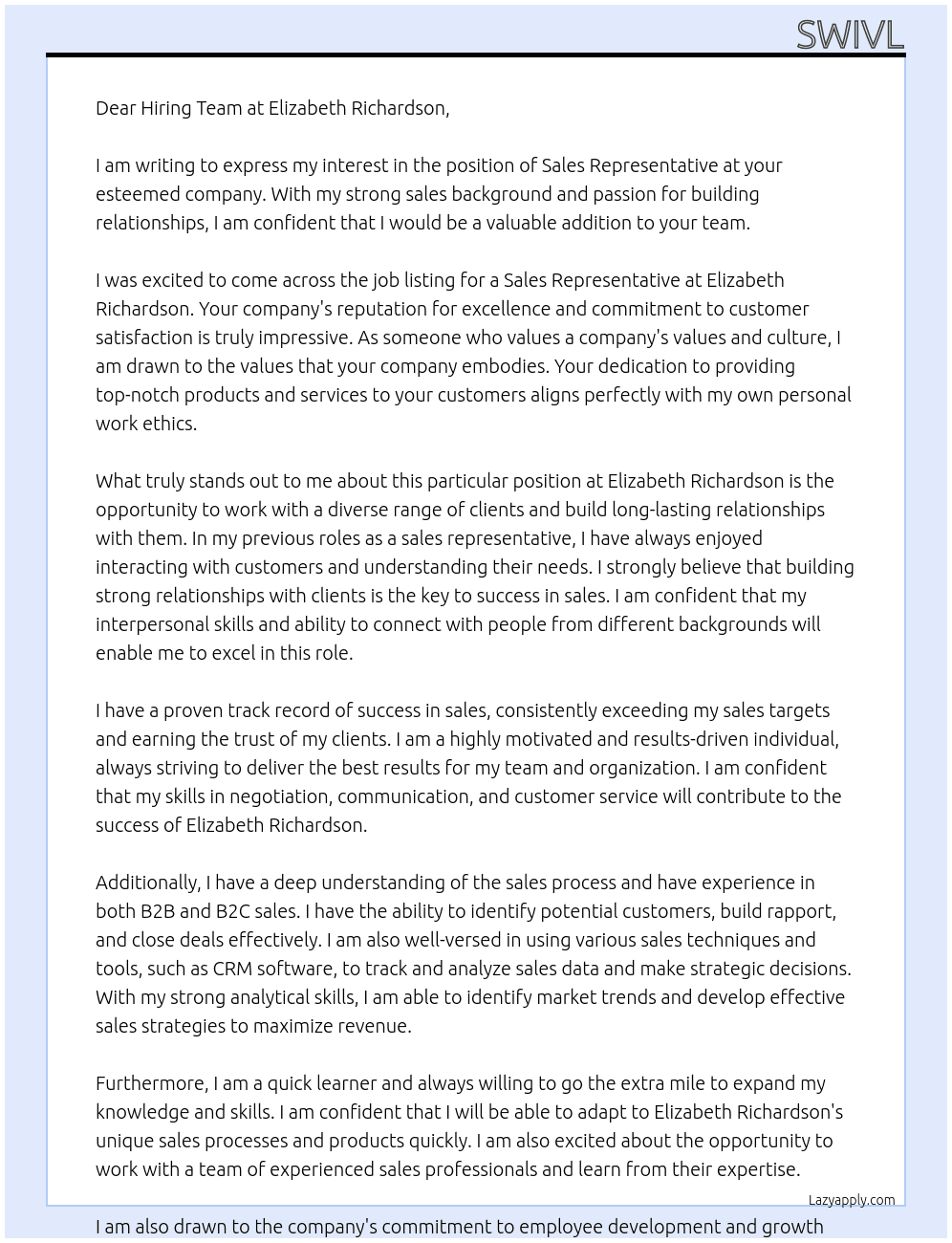 Sales Representative At Elizabeth Richardson Cover Letter