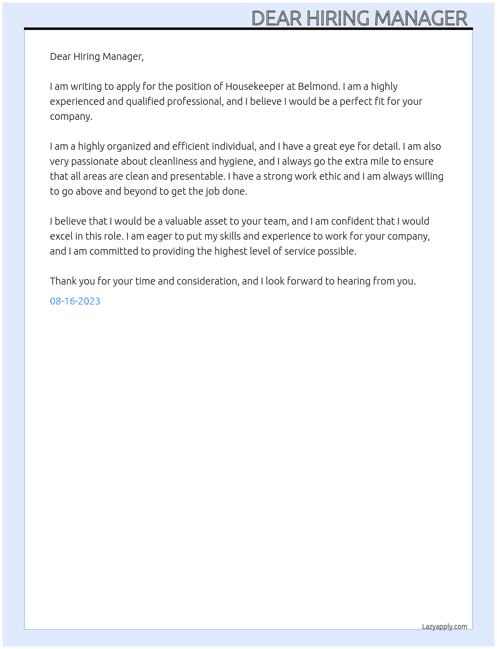 Housekeeper  At Belmond Cover Letter