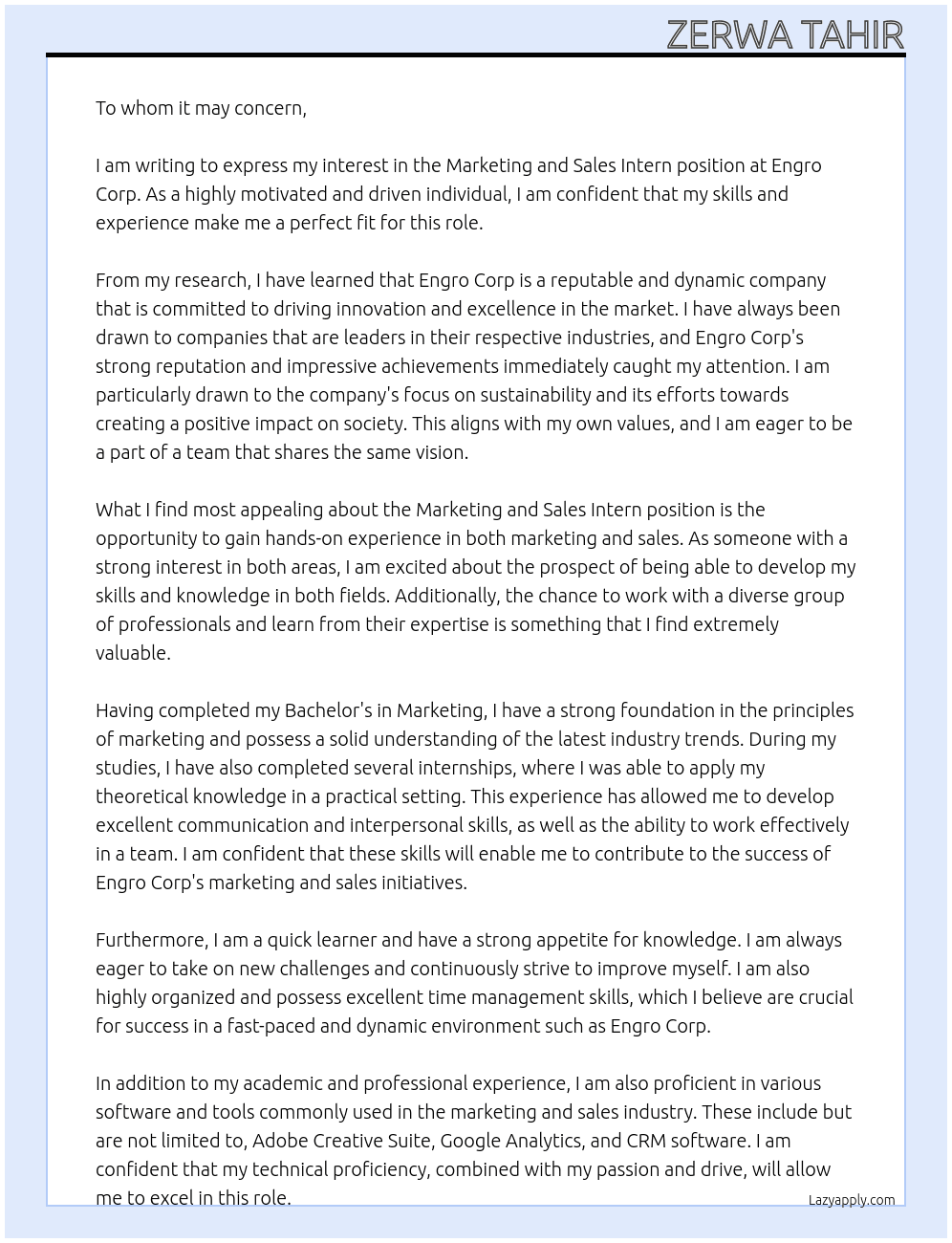 Marketing and Sales Intern At Engro corp Cover Letter