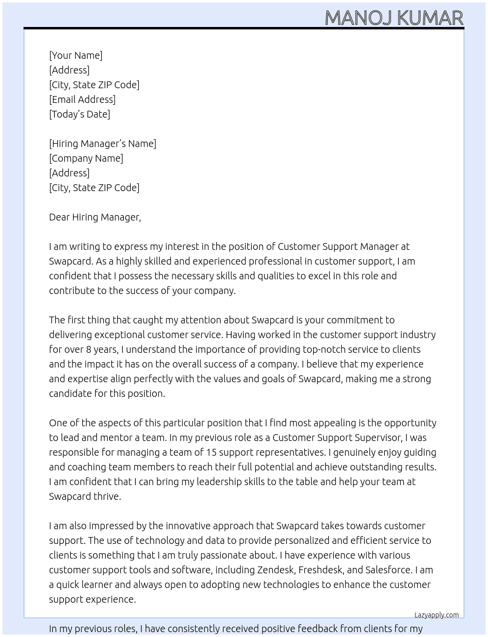 Customer Support Manager At Swapcard Cover Letter