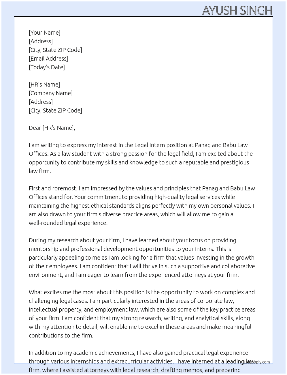 Legal Intern At Panag and Babu Law Offices Cover Letter