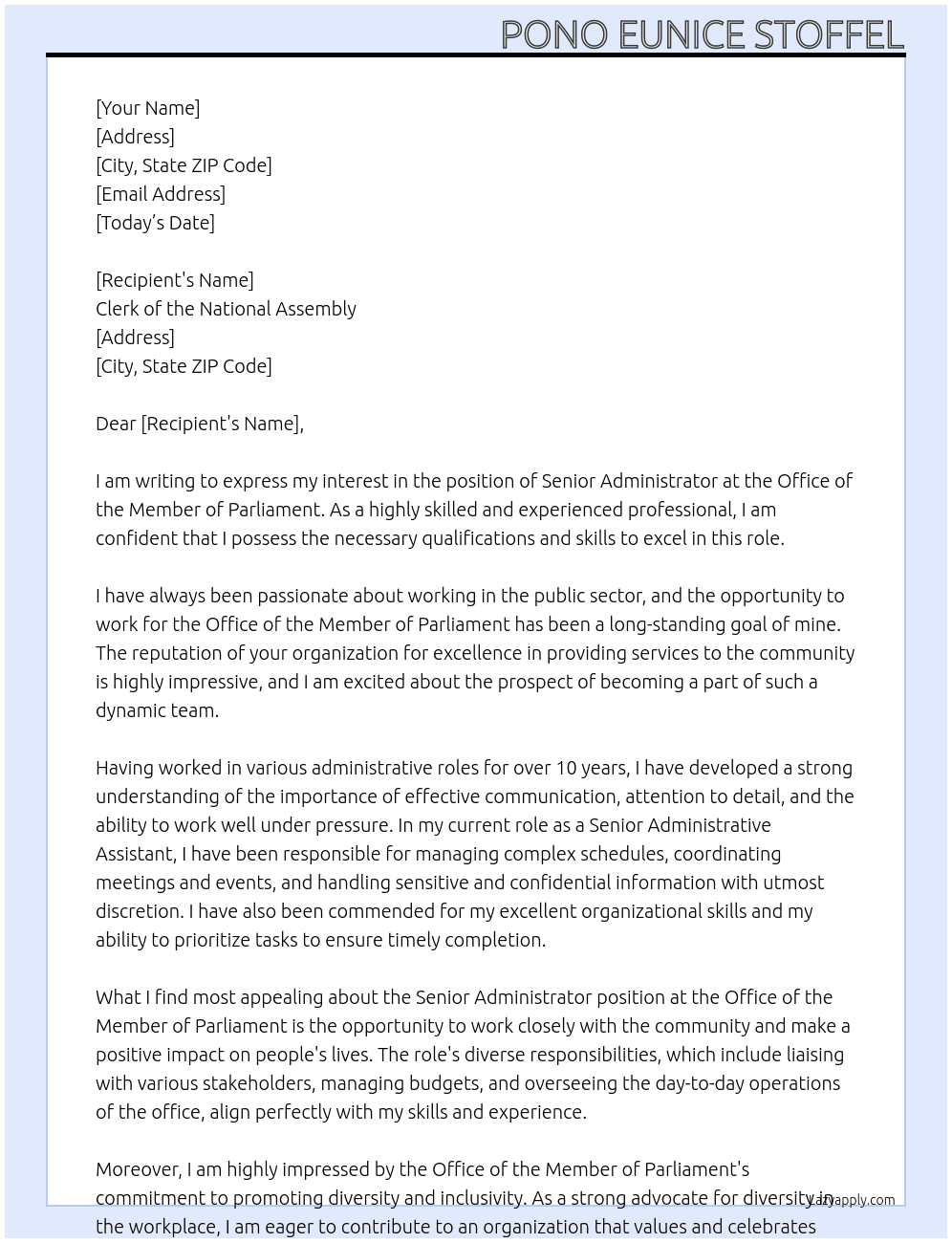 senior administrator At Office of the Member of Parliament Cover Letter