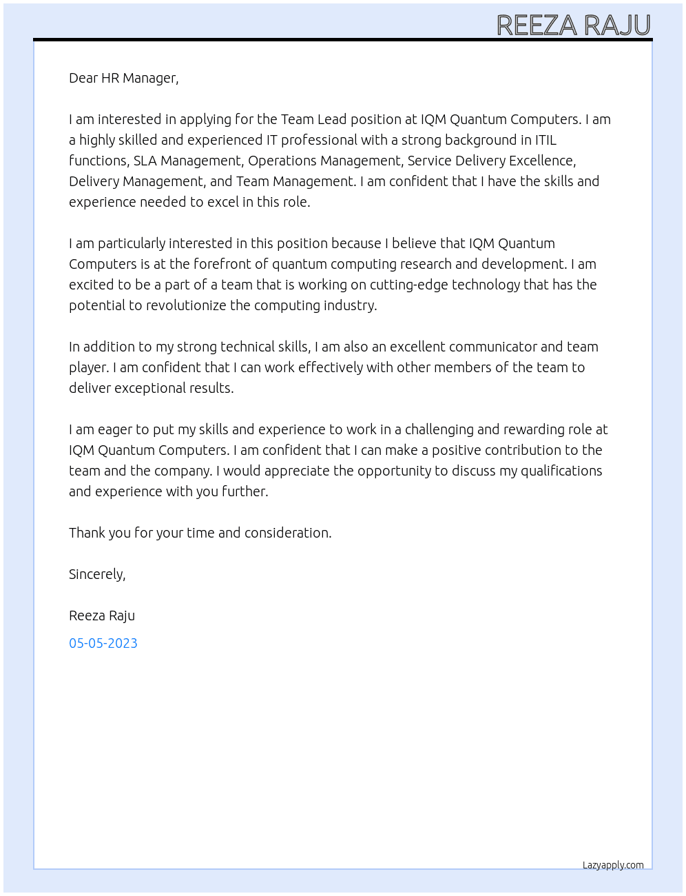 Team Lead At IQM Quantum Computers Cover Letter