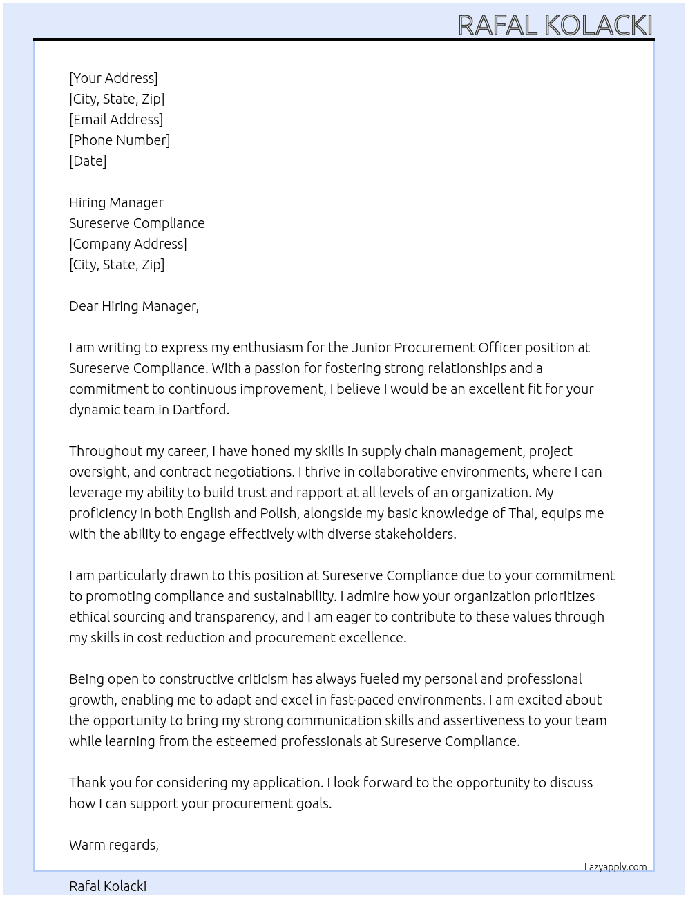 Junior Procurement Officer At Sureserve Compliance  Cover Letter