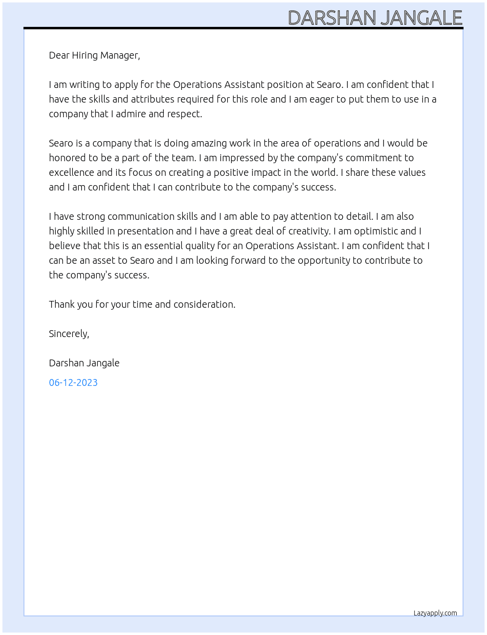 Operations Assistant At Searo Cover Letter