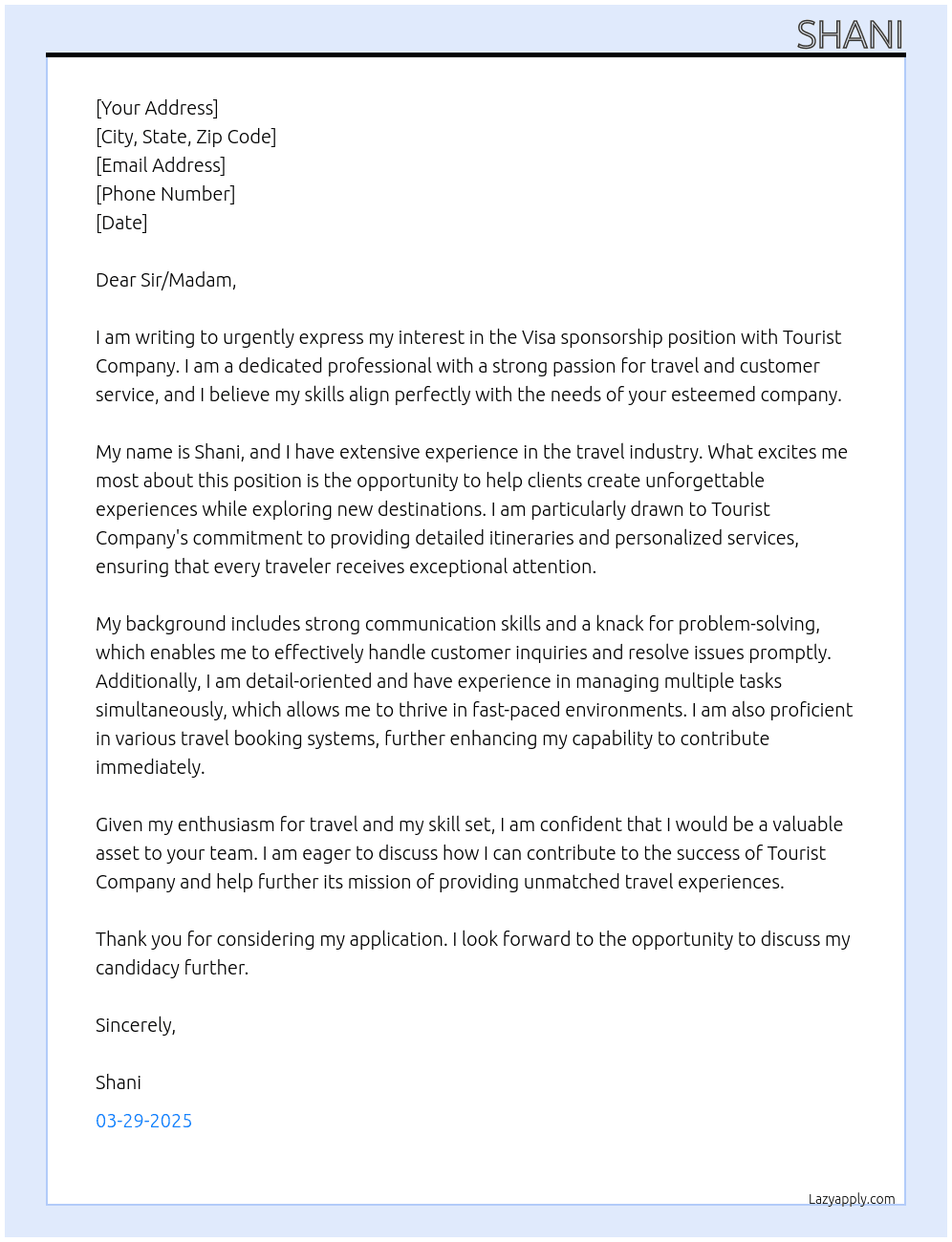 Cover letter for for us visa - LazyApply