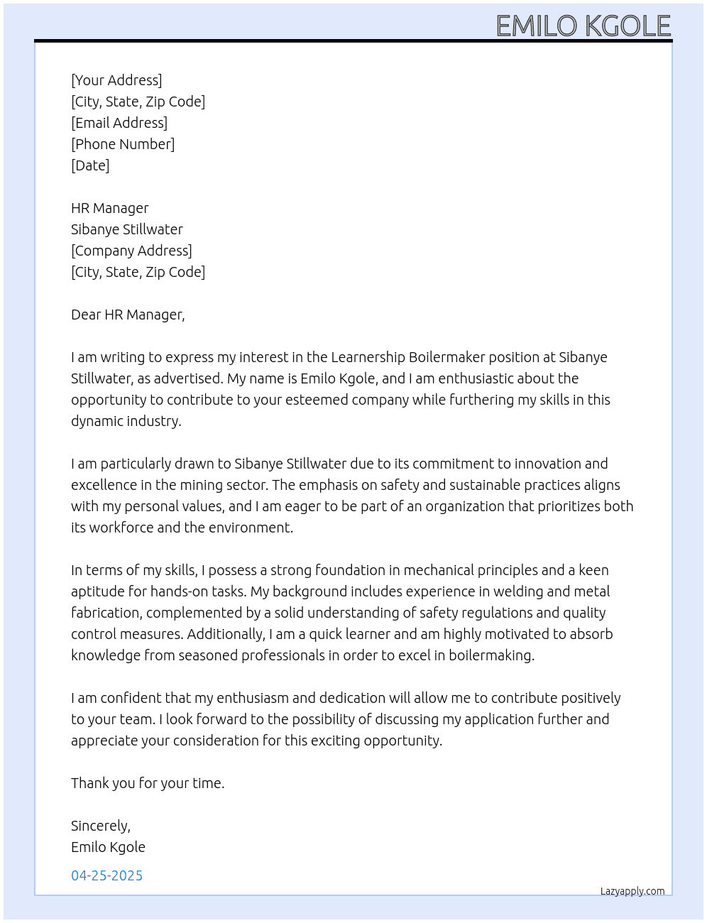Cover letter for learnership boilermaker - LazyApply