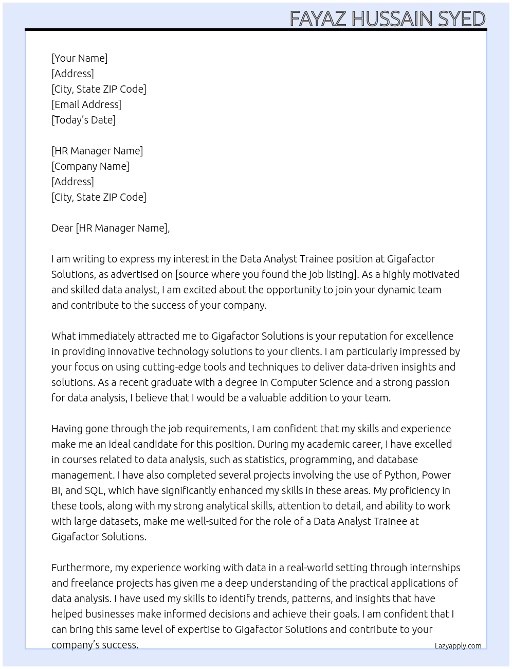 data analyst trainee At Gigafactor solutions Cover Letter