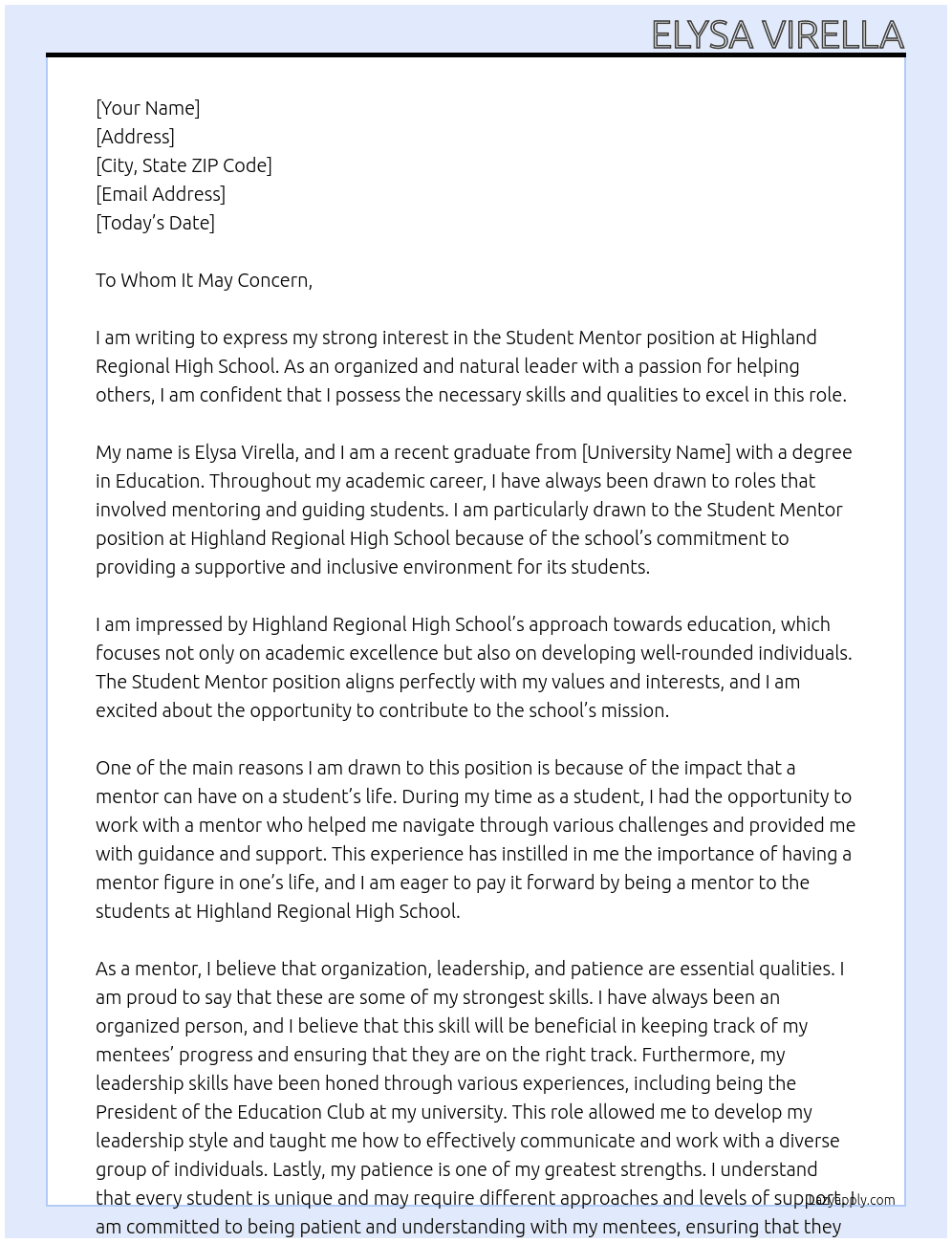 Student Mentor At Highland Regional High School Cover Letter