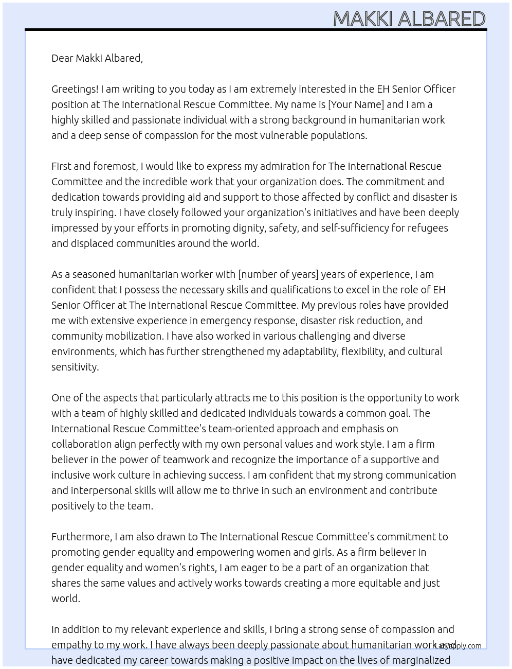 EH Senior officer At The International Rescue Committee Cover Letter