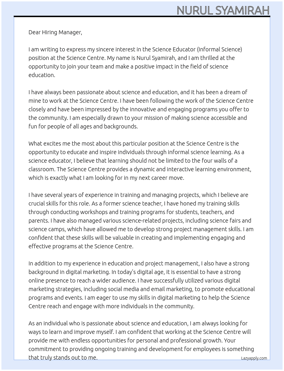 Science Educator (Informal Science) At Science Centre Cover Letter