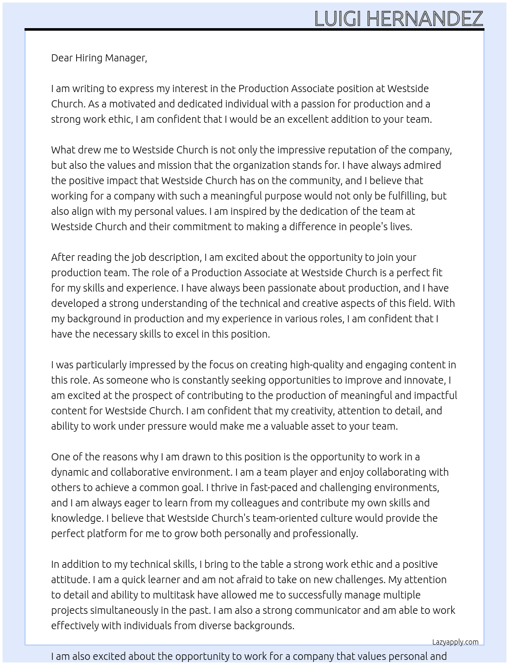 Production Associate At Westside Church Cover Letter