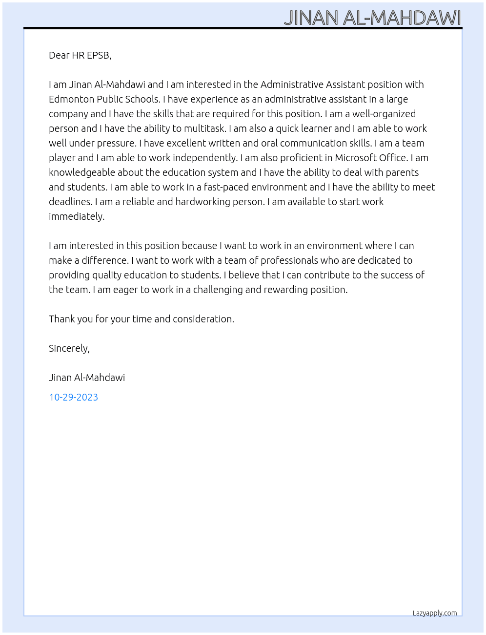 Edmin Assistant position At Edmonton Public School Cover Letter