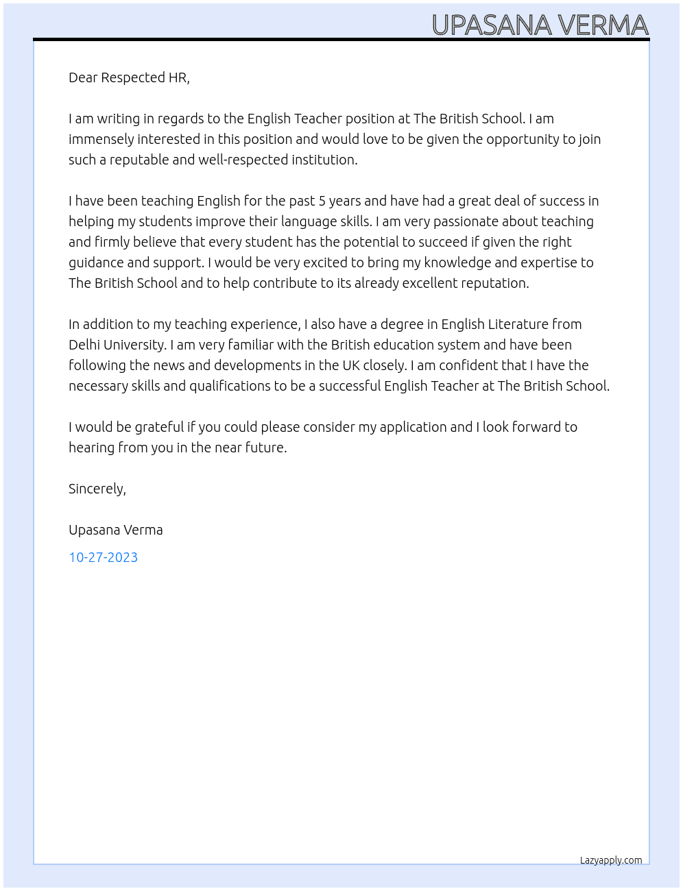 english teacher At THE BRITISH SCHOOL Cover Letter