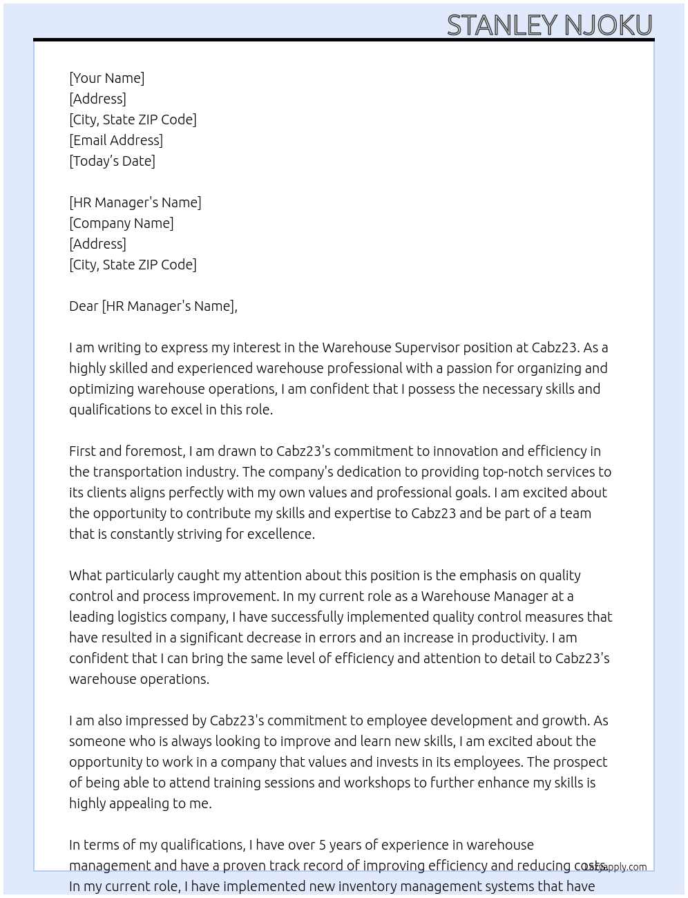 Warehouse supervisor At Cabz23 Cover Letter