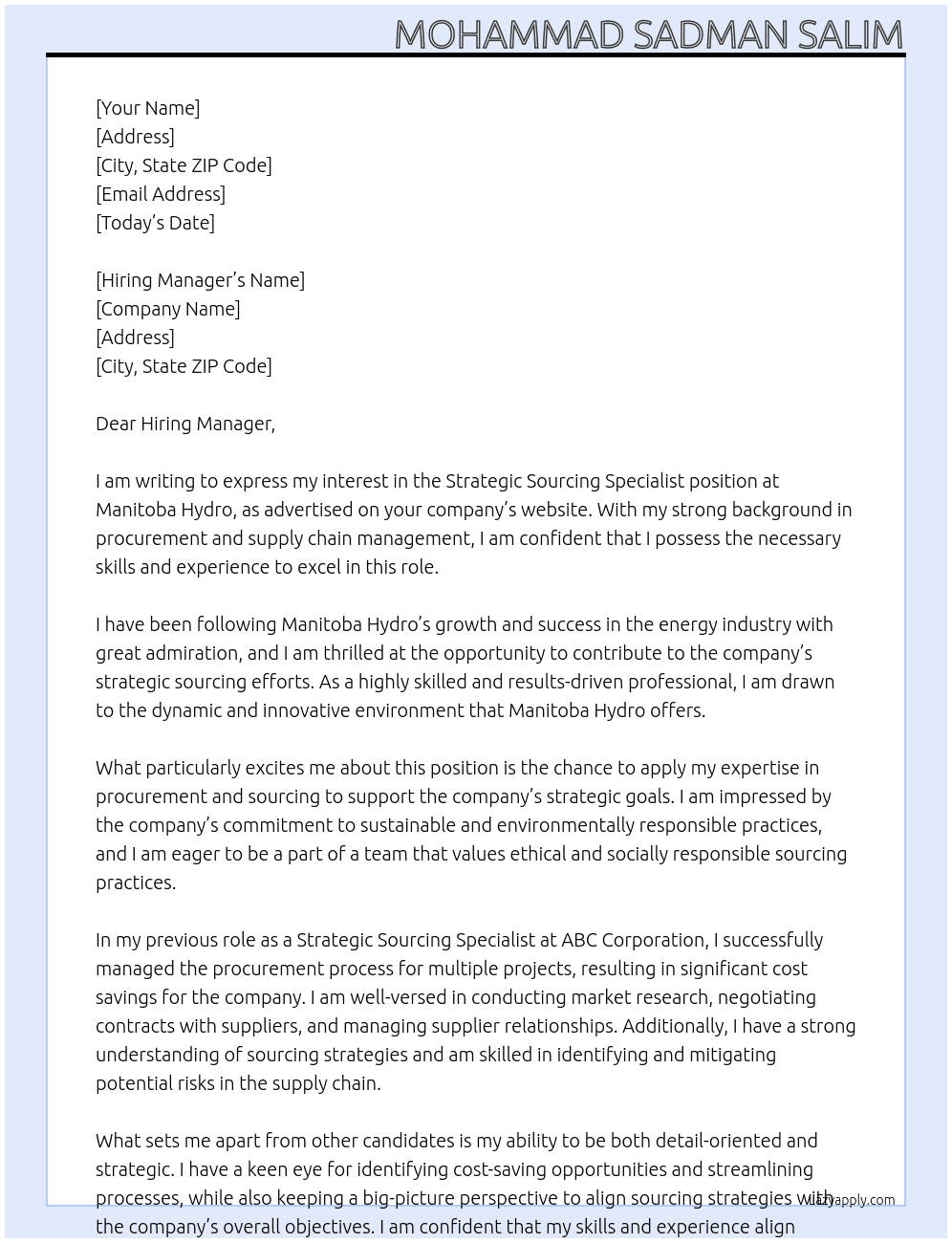 Strategic Sourcing Specialist  At Manitoba Hydro Cover Letter