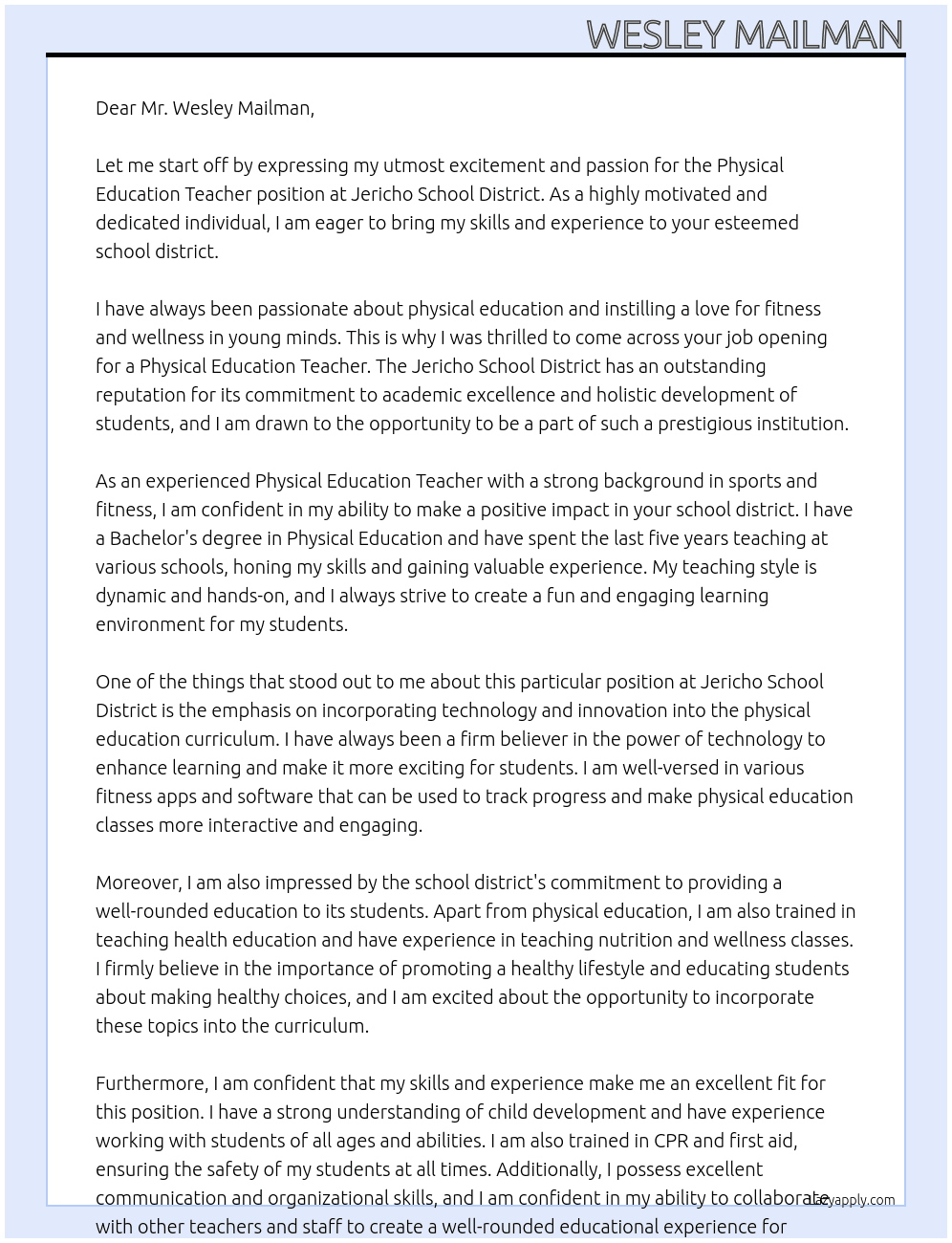 Physical Education Teacher At Jericho School District Cover Letter