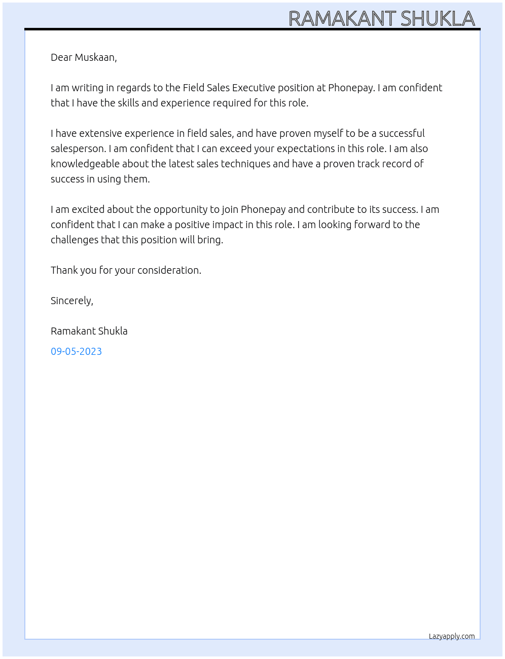 Field sels excutive At phonepay  Cover Letter