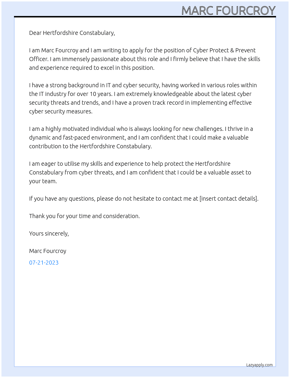 Cyber Protect & Prevent Officer At Hertfordshire Constabulary Cover Letter