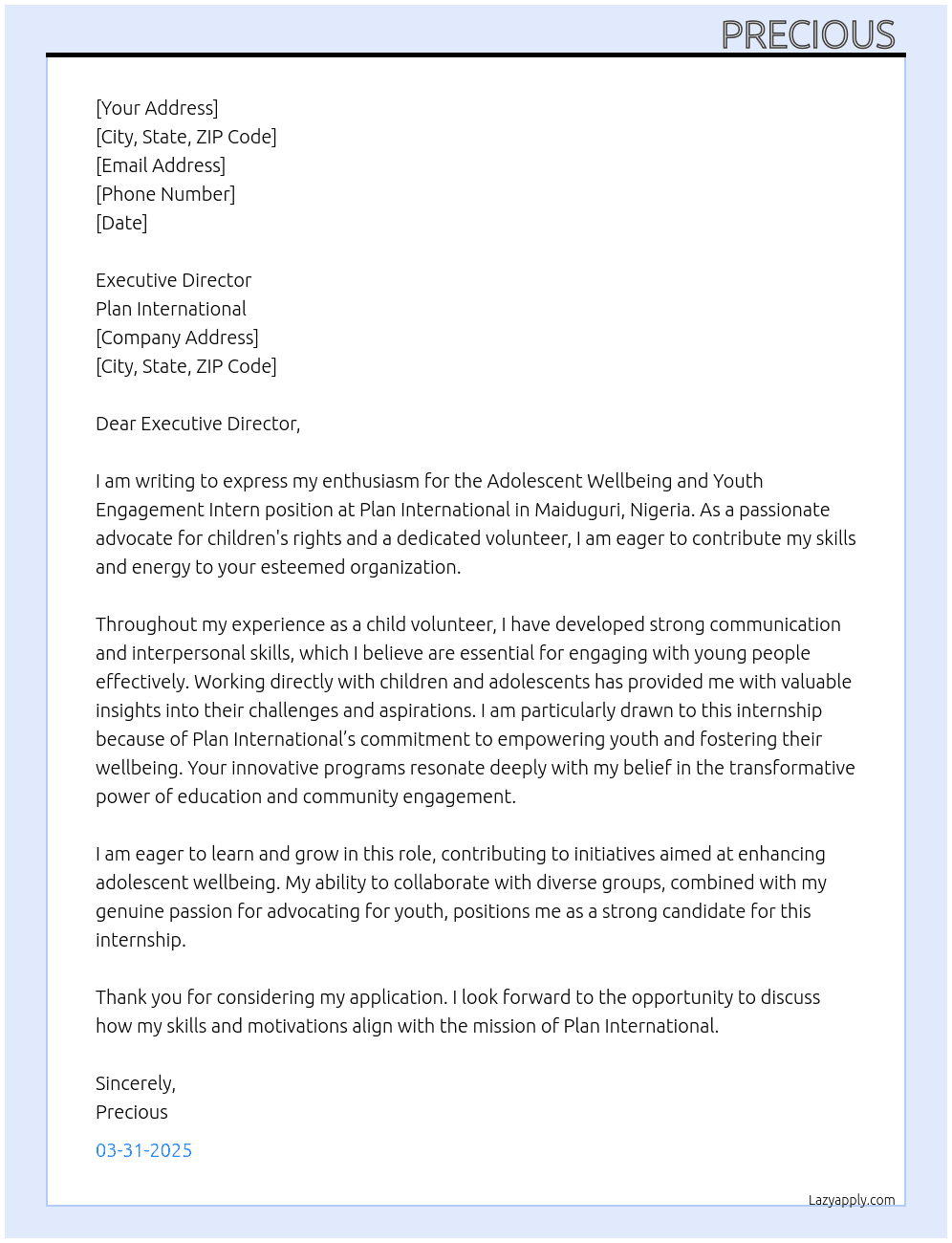 Cover letter for adolescent wellbeing and youth engagement intern - LazyApply