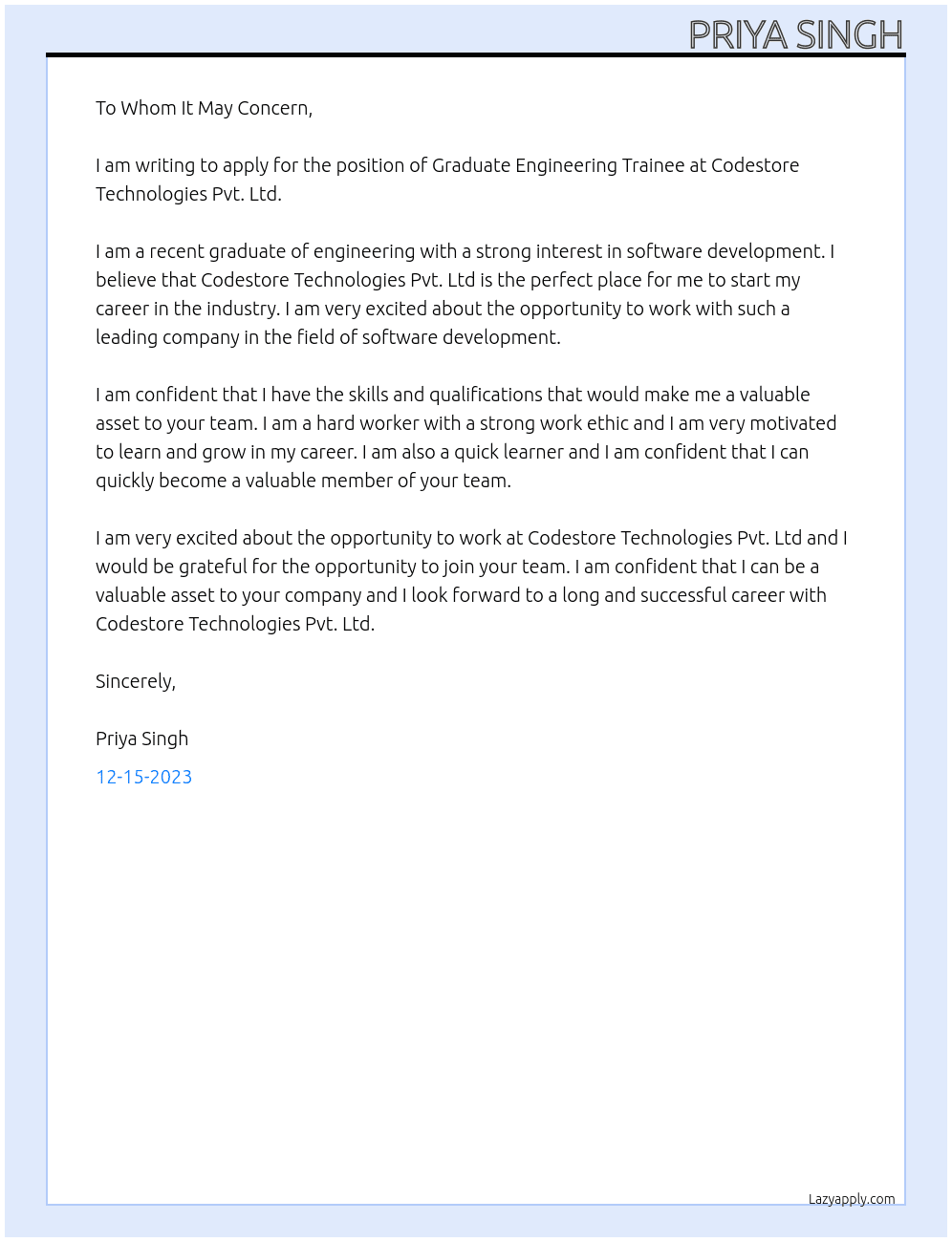 Graduate Engineering Trainee  At Codestore Technologies Pvt. Ltd Cover Letter