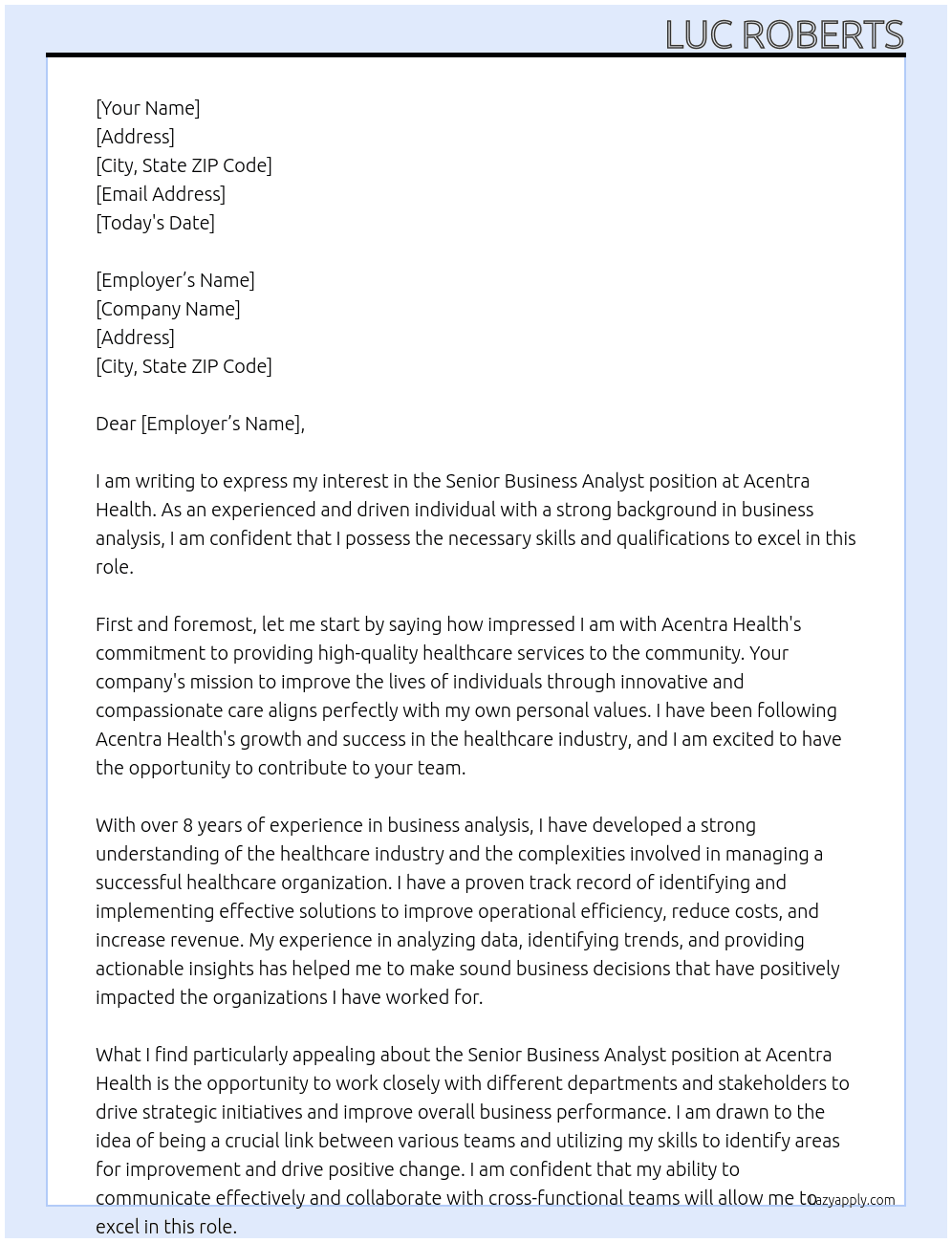 Senior Business Analyst At Acentra Health Cover Letter