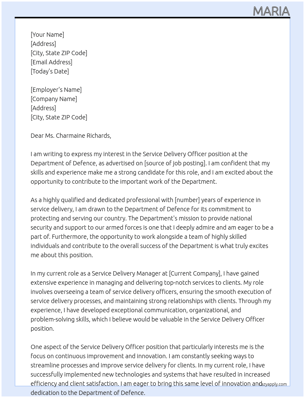 Service Delivery Officer At Department of Defence Cover Letter