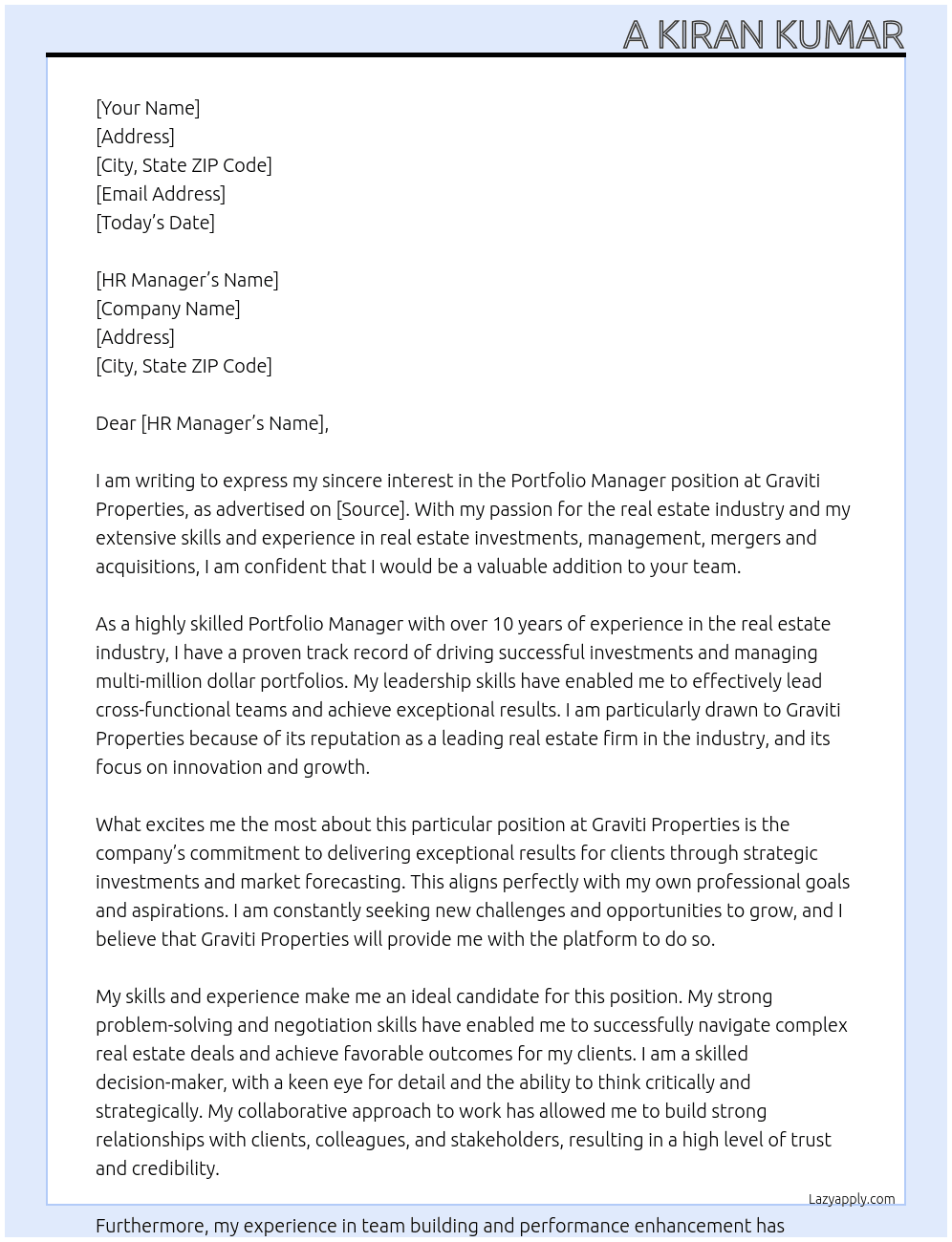 Cover letter for portfolio manager - real estate - LazyApply