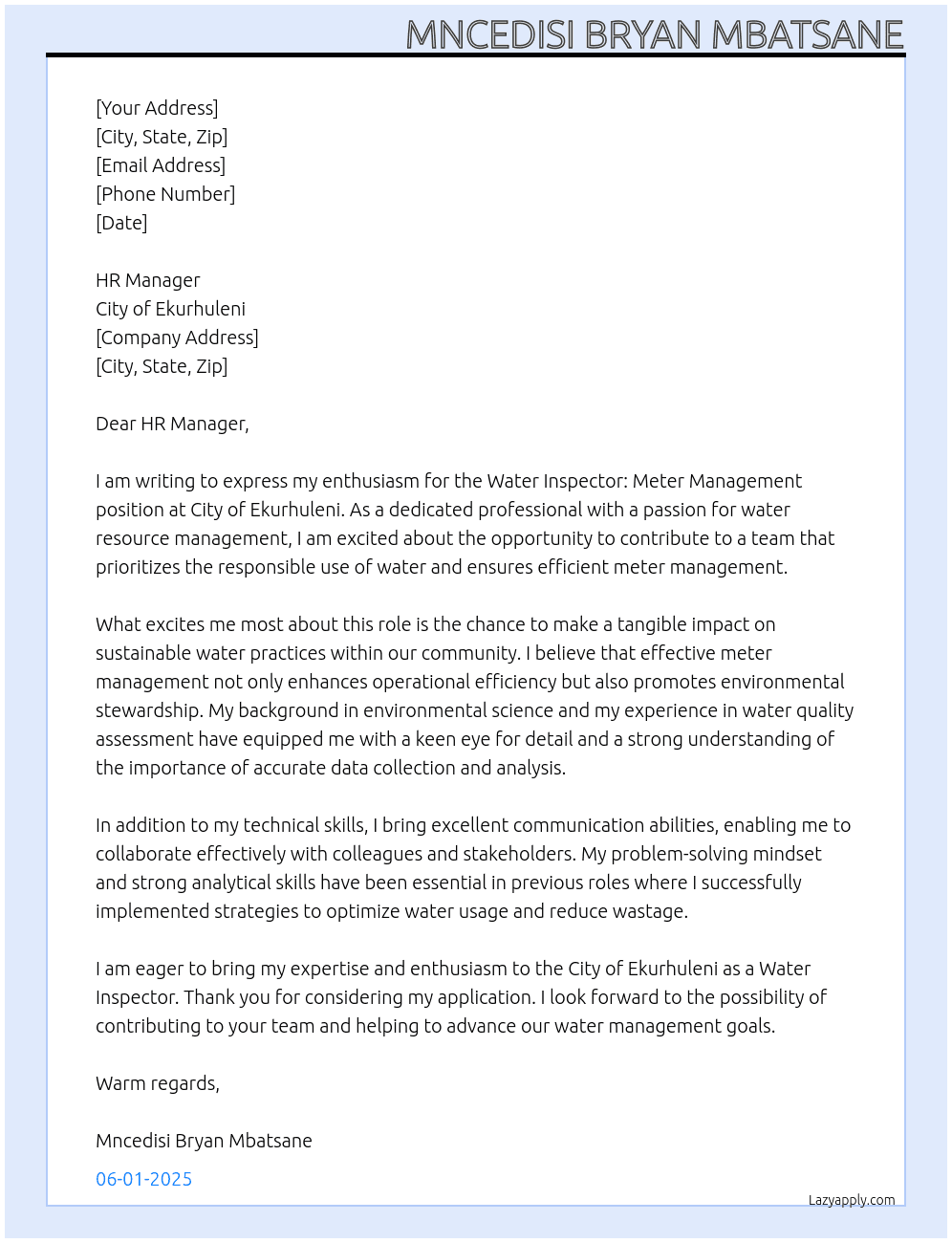 Water Inspector: Meter Management  At City Of Ekurhuleni Cover Letter