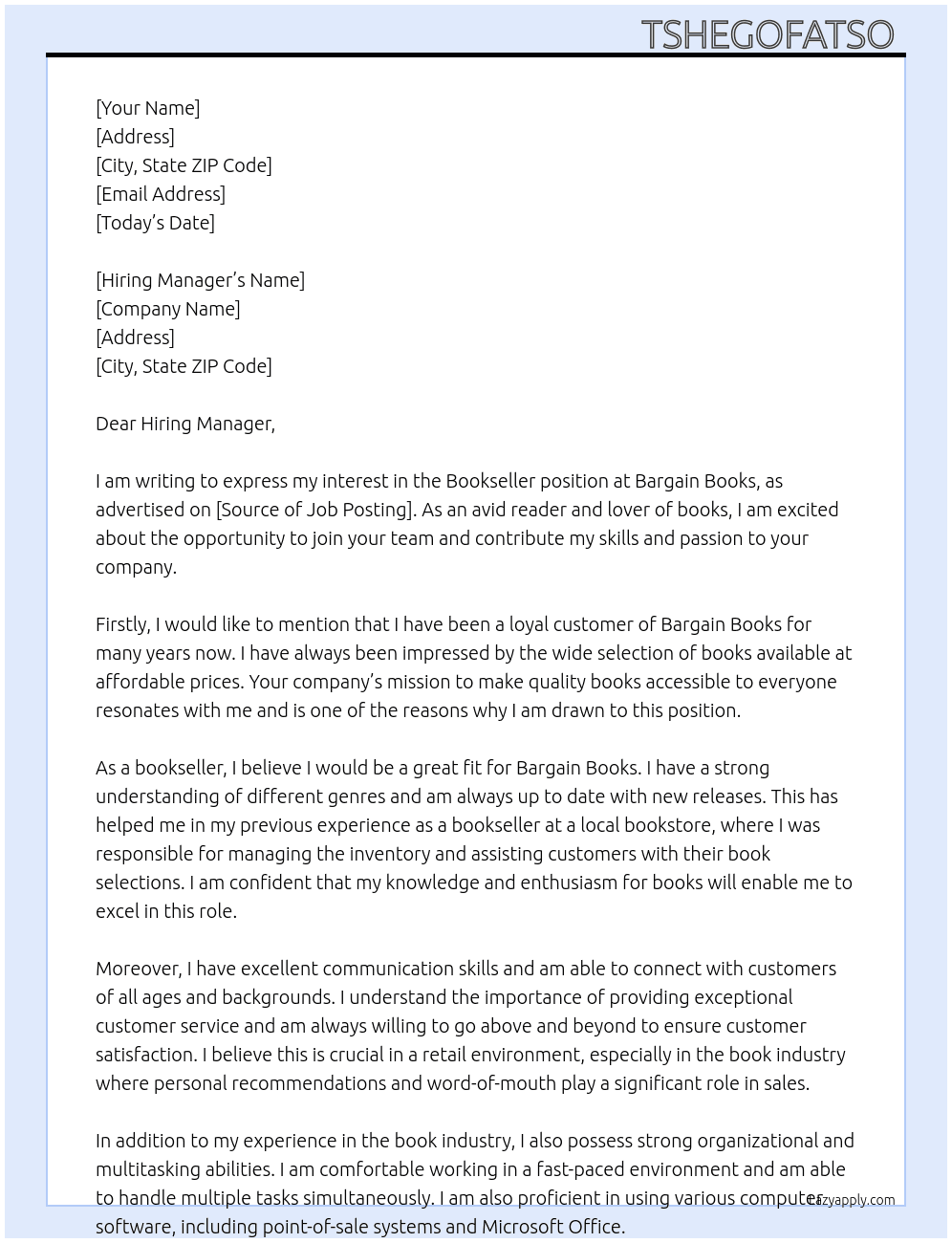 Bookseller  At Bargain books Cover Letter