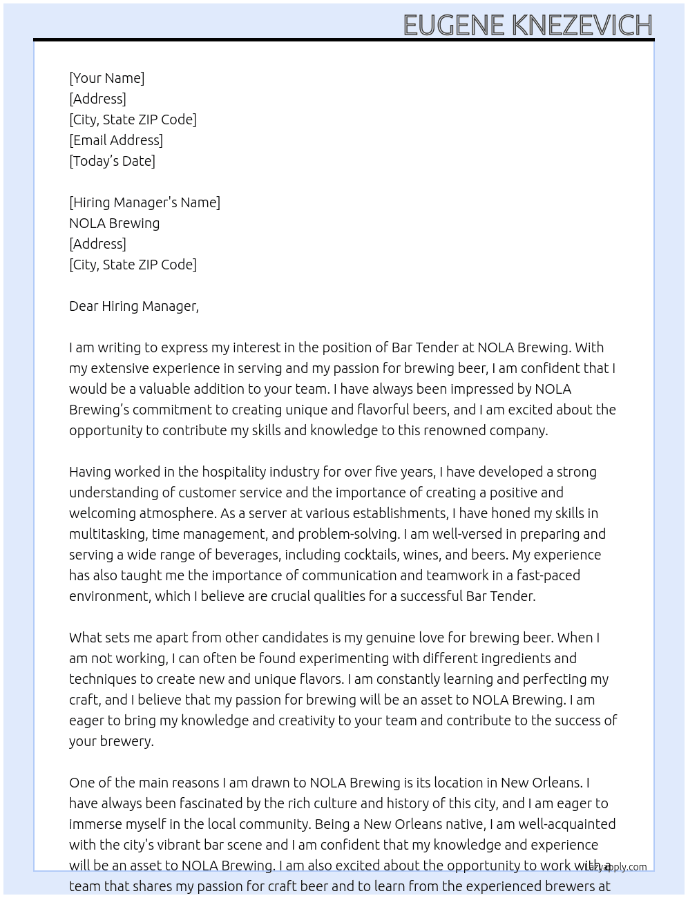 Bar tender At NOLA Brewing Cover Letter