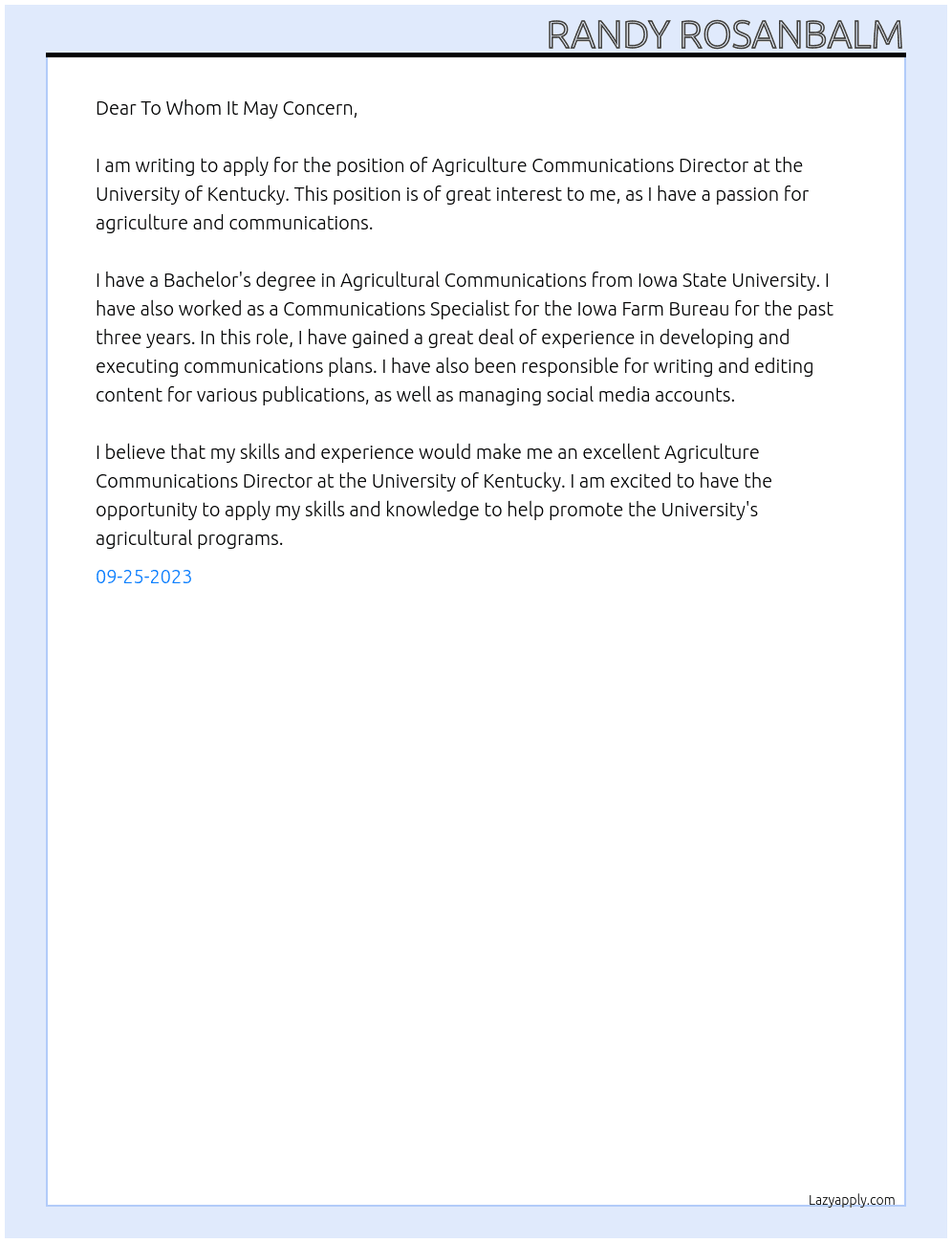 Agriculture communications director At University of Kentucky  Cover Letter