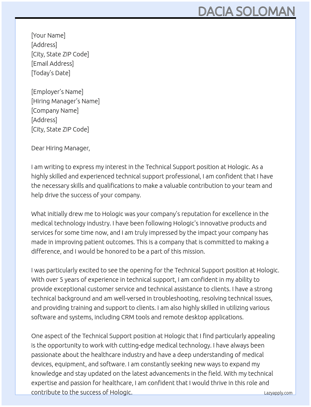 technical support At Hologic Cover Letter