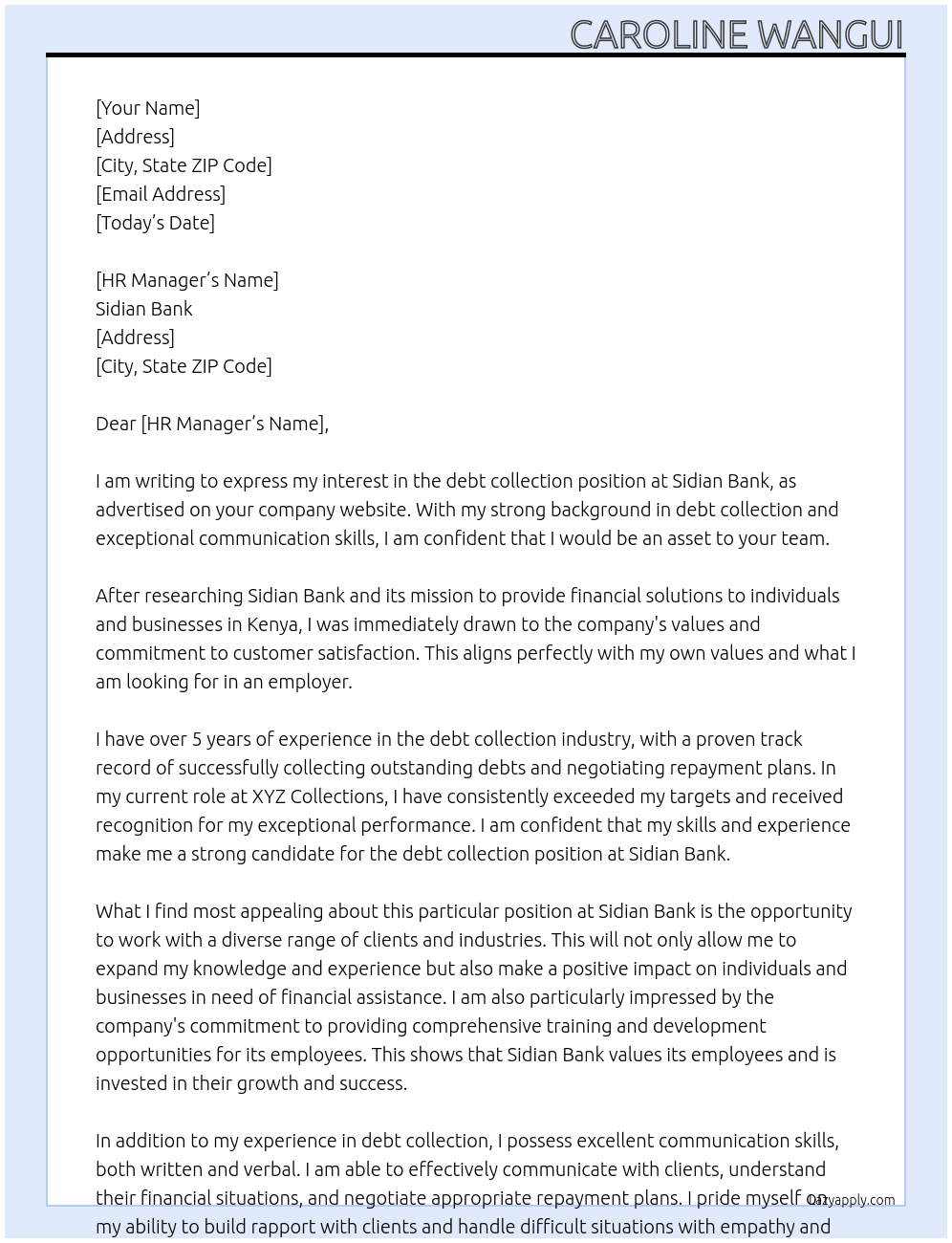 debt collection  At sidian bank Cover Letter