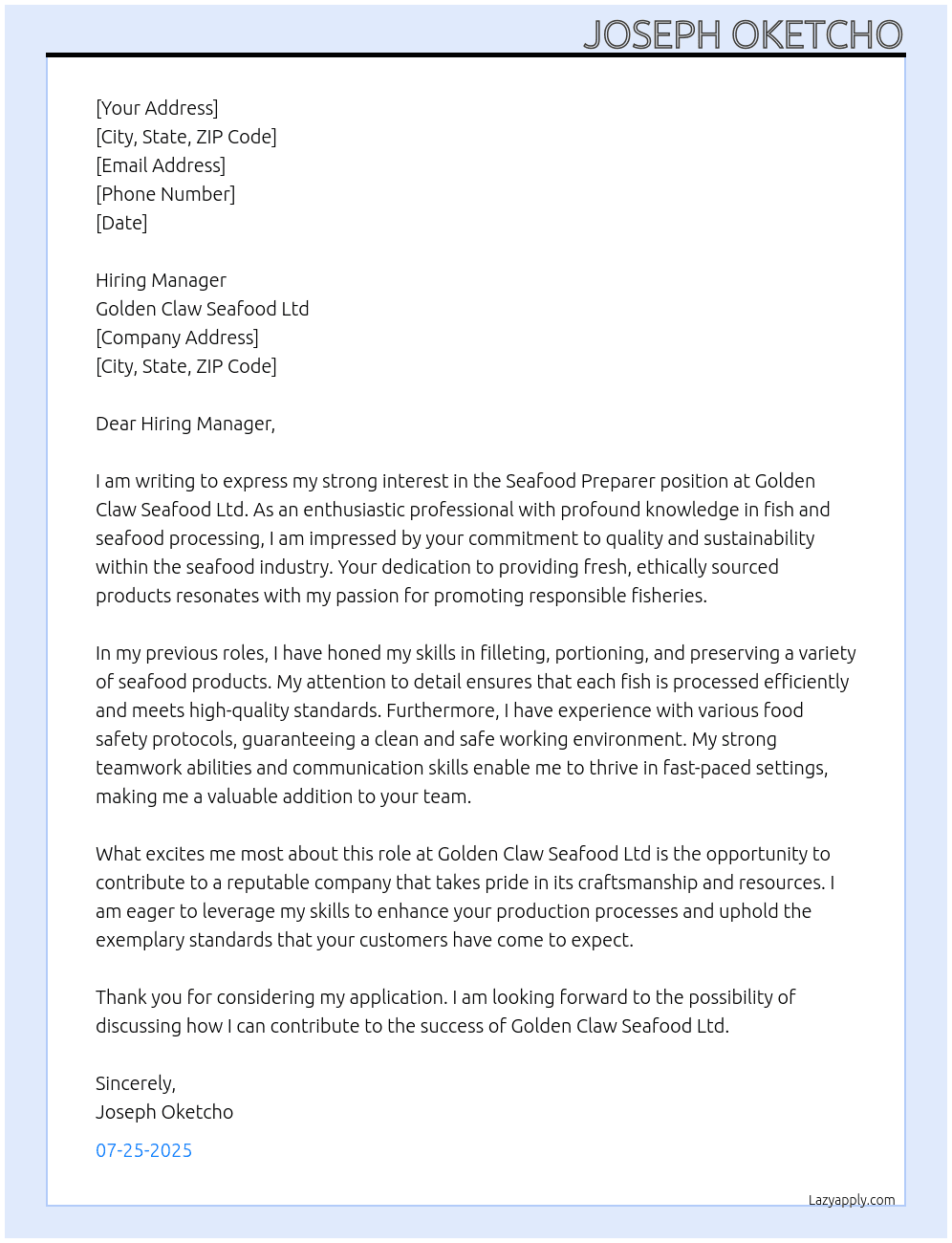 seafood preparer - fish and seafood processing At GOLDEN CLAW SEAFOOD LTD Cover Letter