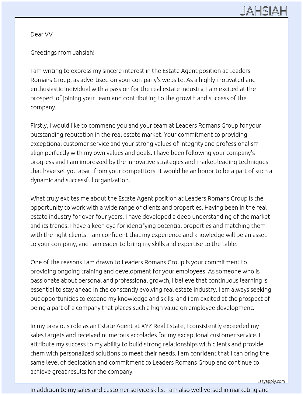 estate agent At Leaders Romans Group Cover Letter