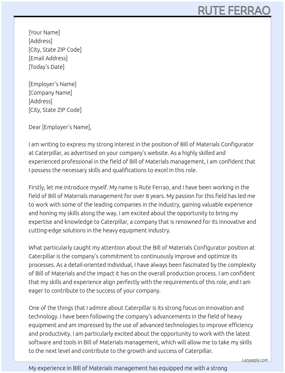 Bill of Materials Configurator At Caterpillar Cover Letter