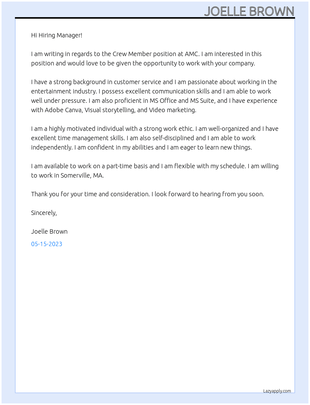 Crew Member  At AMC Cover Letter