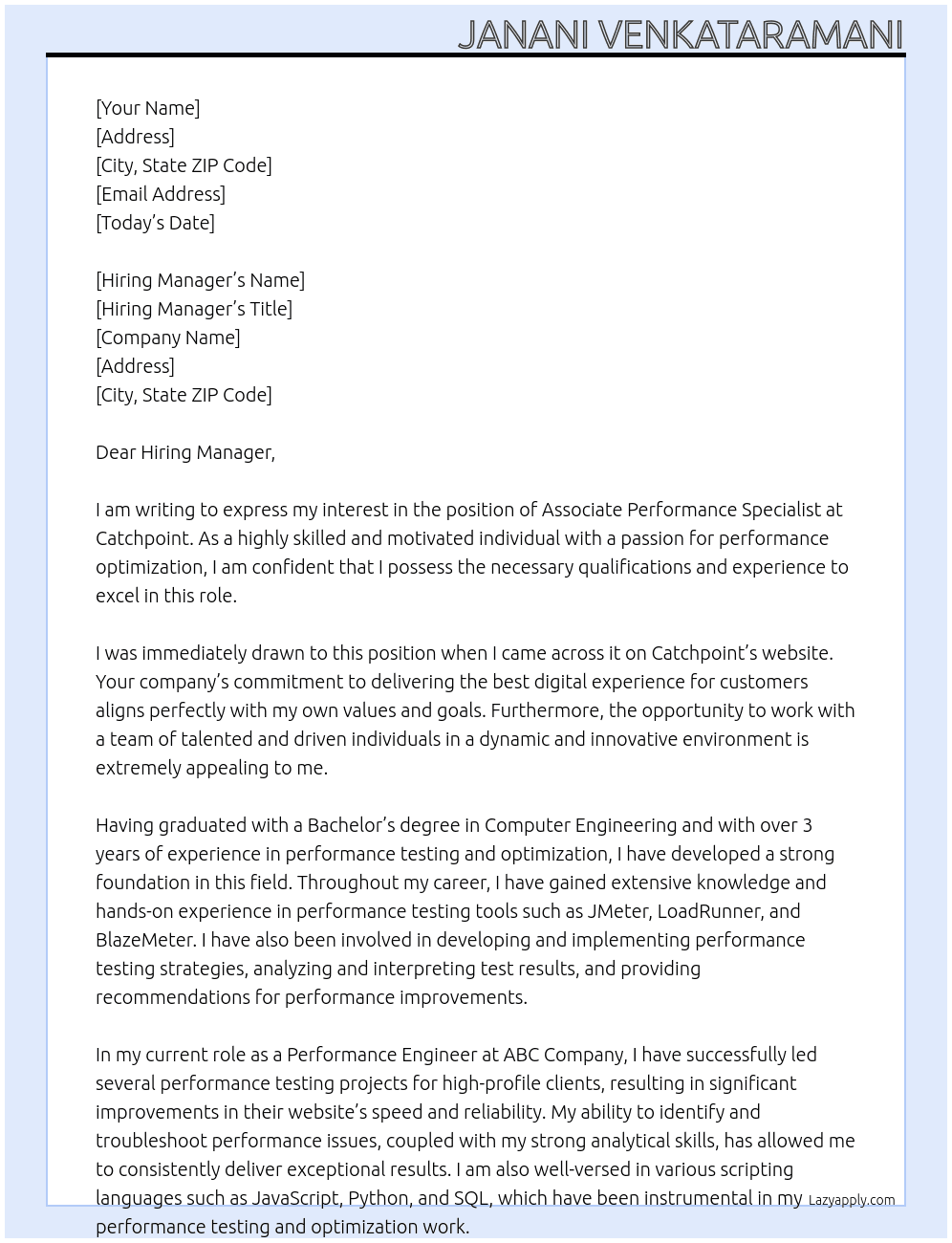 Associate Performance Specialist At Catchpoint Cover Letter