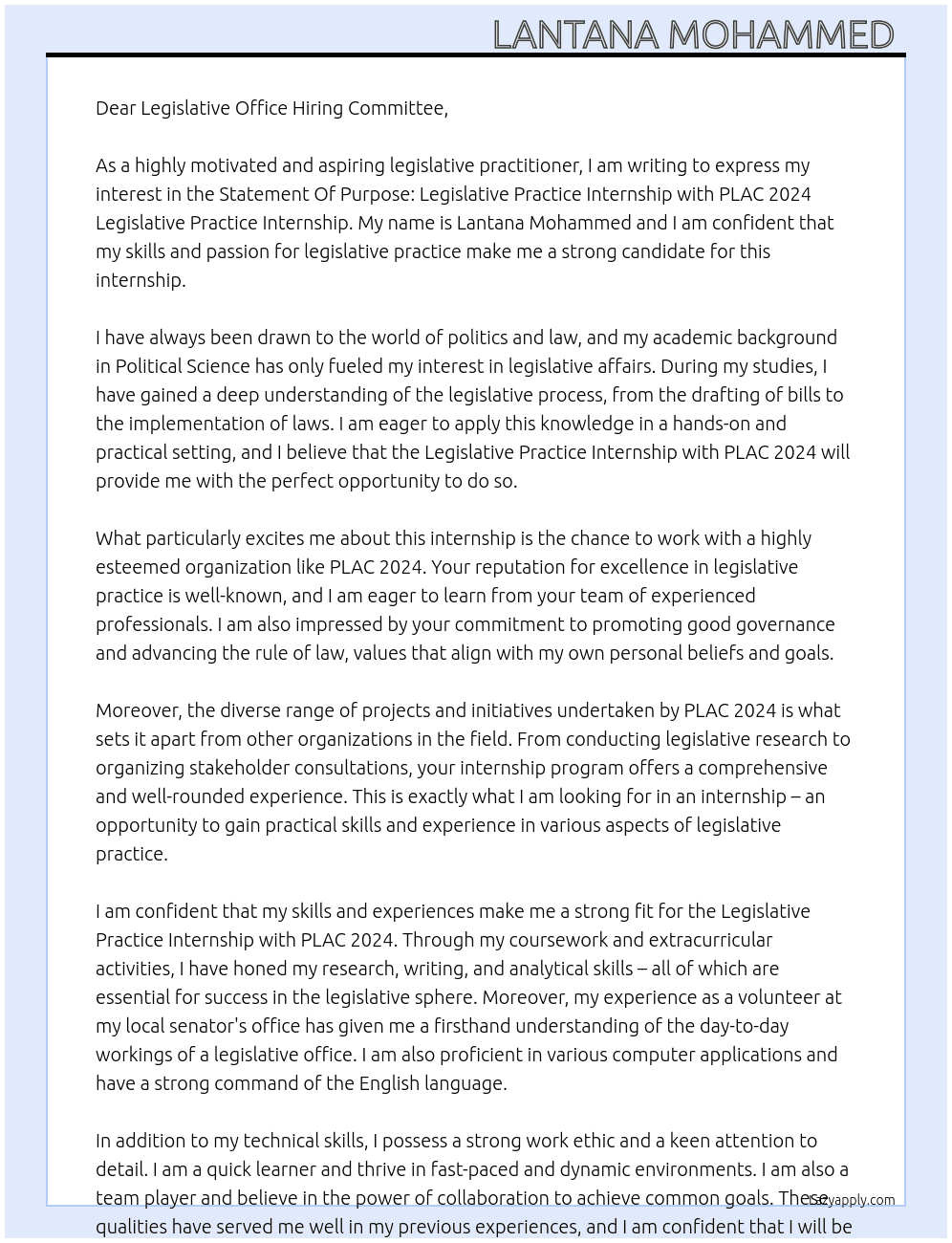 Statement Of Purpose: Legislative Practice Internship  At PLAC 2024 Legislative Practice Internship  Cover Letter