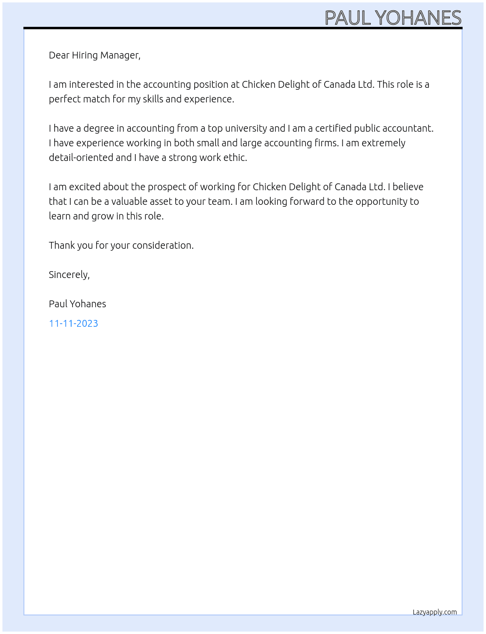 accounting At Chicken Delight of Canada Ltd Cover Letter