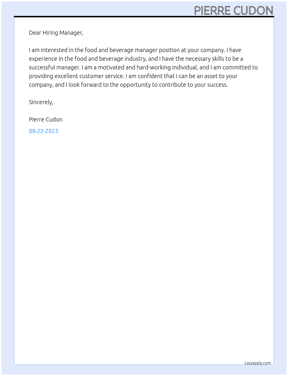 food and beverage manager At any  Cover Letter